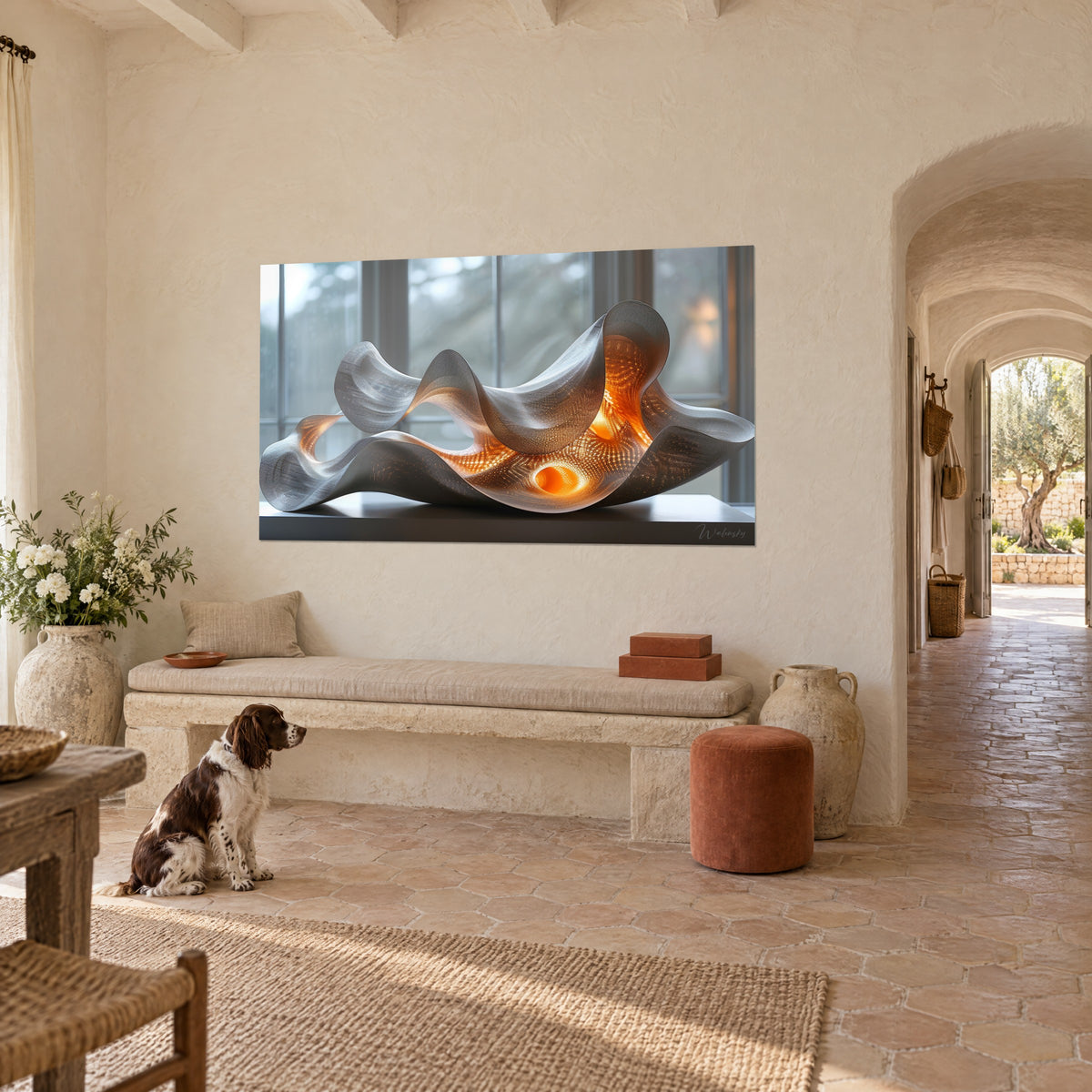 Wall art of a draped metal ribbon with openwork orange hearts, pearl grey, facing a seated spaniel beside the stone bench