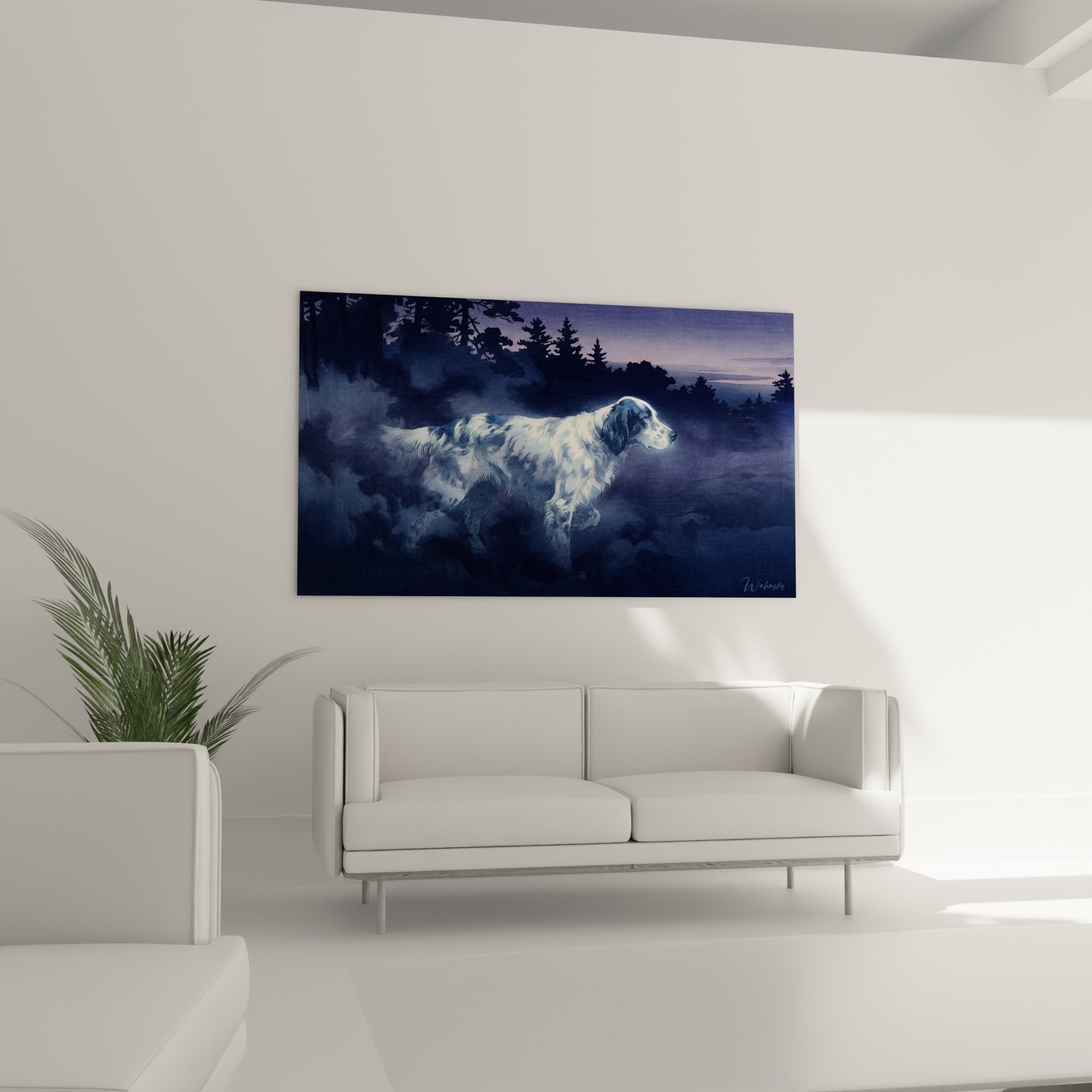 Détail pelage setter anglais blanc moucheté reflets bleus fenêtre texture artistique lumière crépuscule