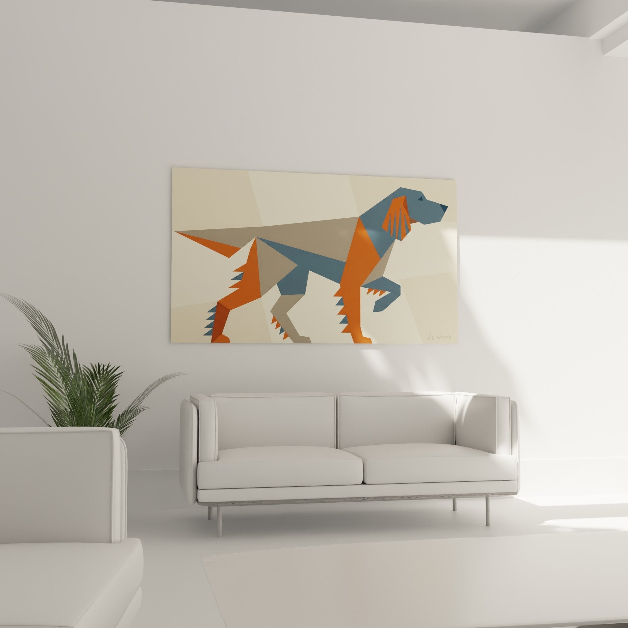 Détail tableau Setter Anglais formes polygonales orange bleu art géométrique