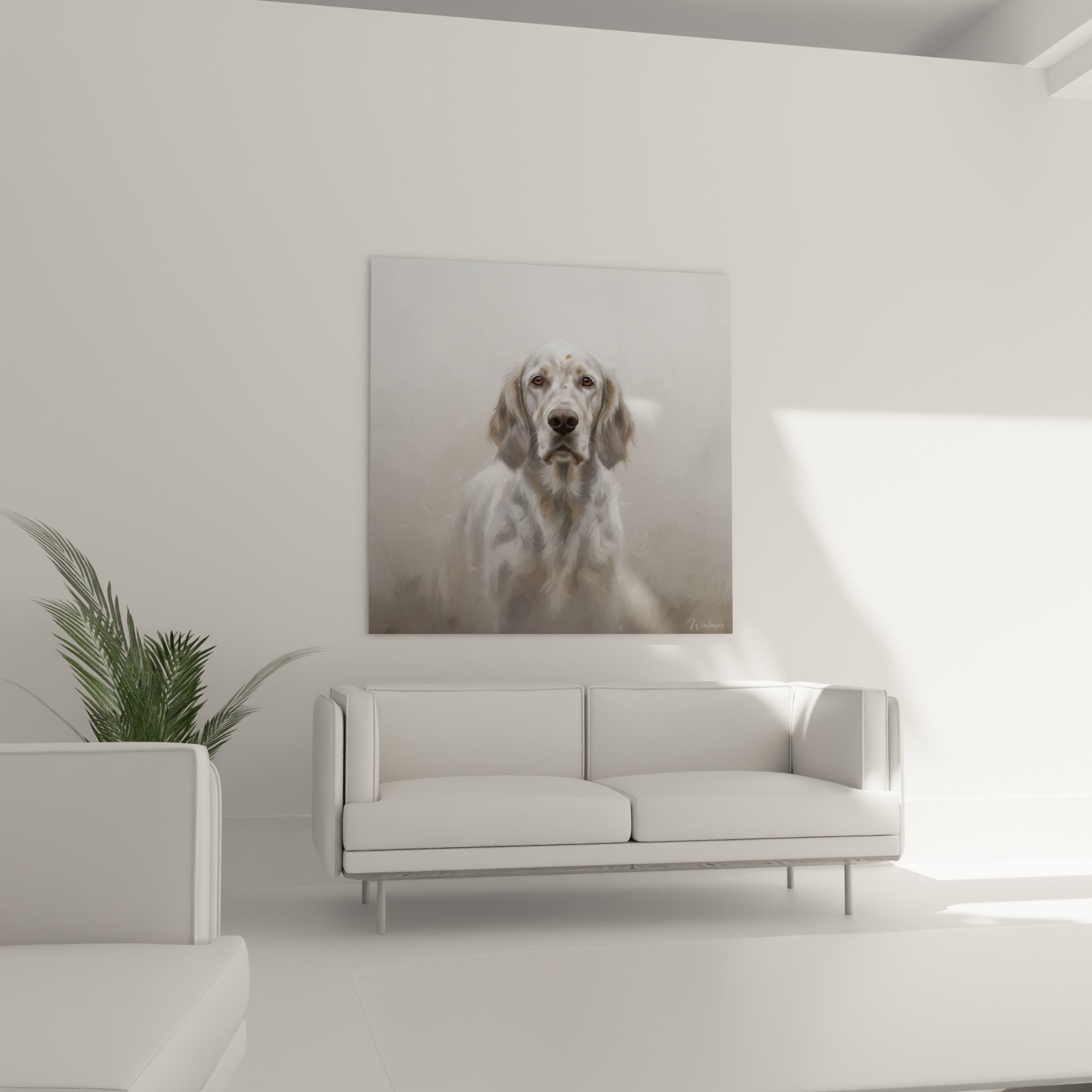 English setter portrait detail with amber eyes gray coat realistic texture wall painting premium quality