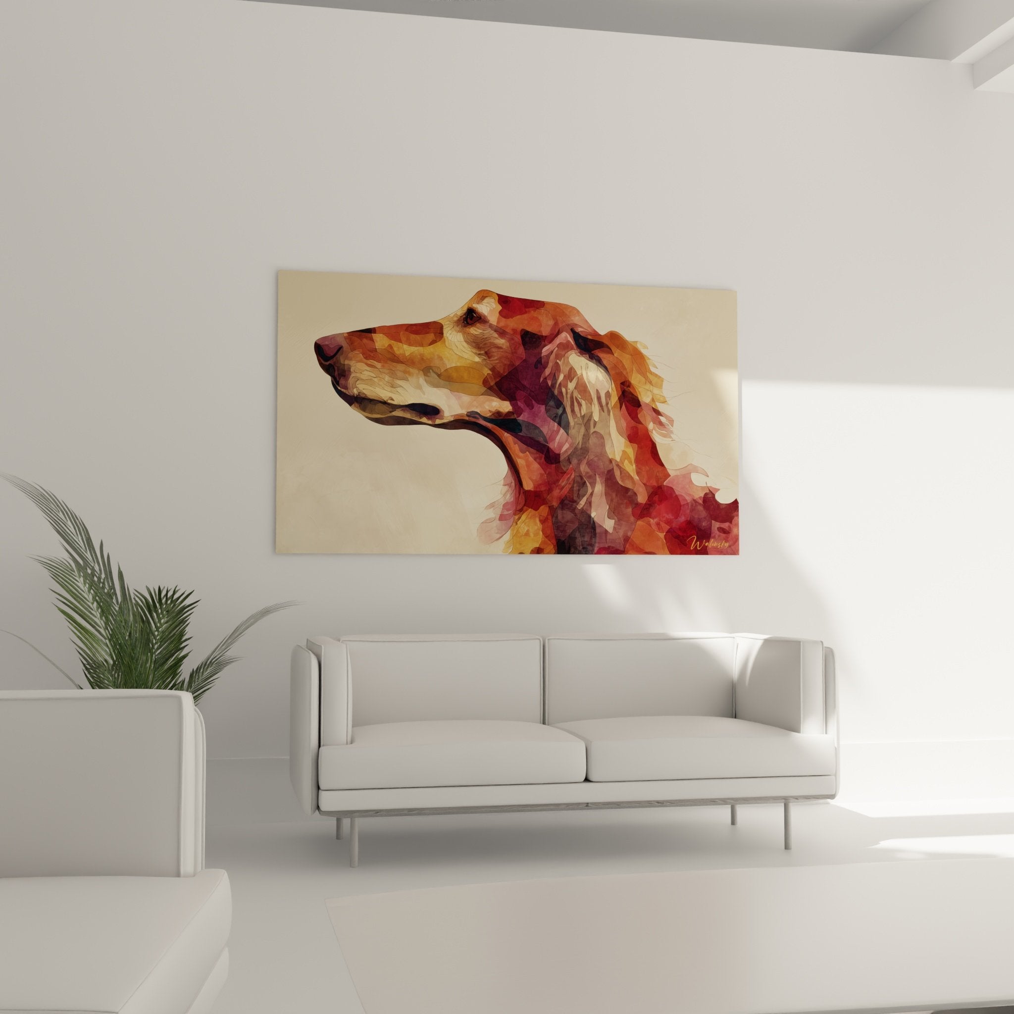 Detail portrait setter irlandais abstrait superposition couleurs rouge brique ocre dore texture