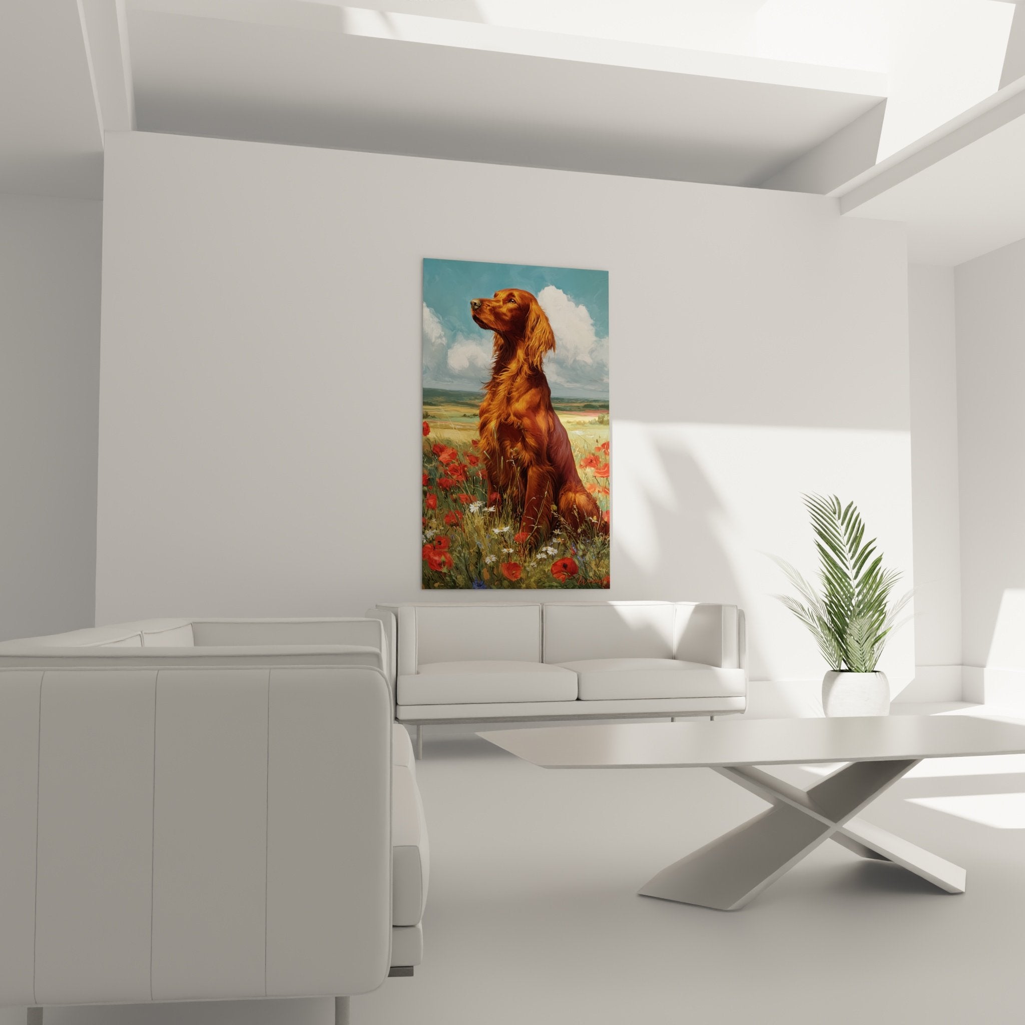 Détail portrait Setter Irlandais pelage roux soyeux avec coquelicots rouges et marguerites blanches au premier plan