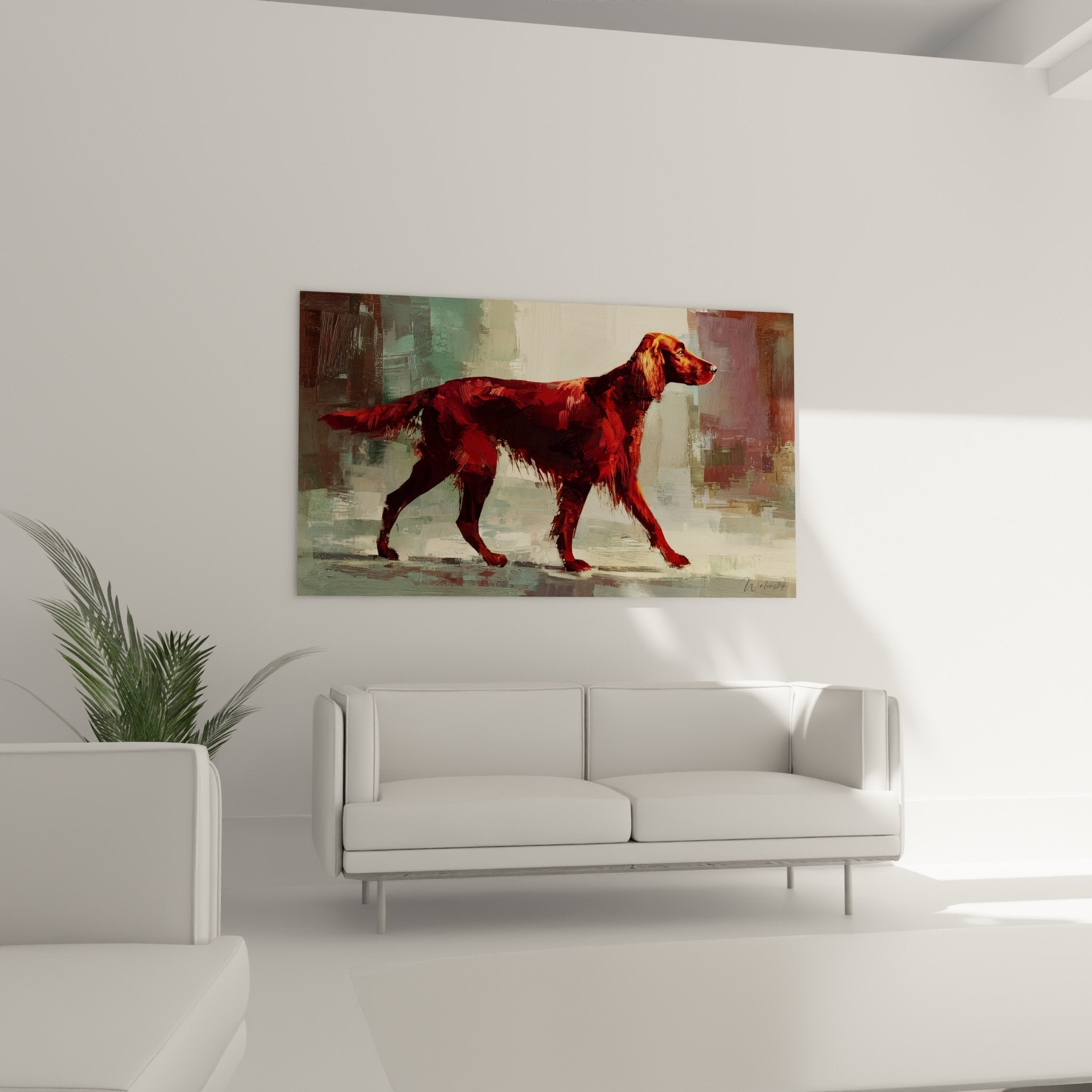 Détail portrait setter irlandais pelage roux cuivré technique pinceau expressif moderne