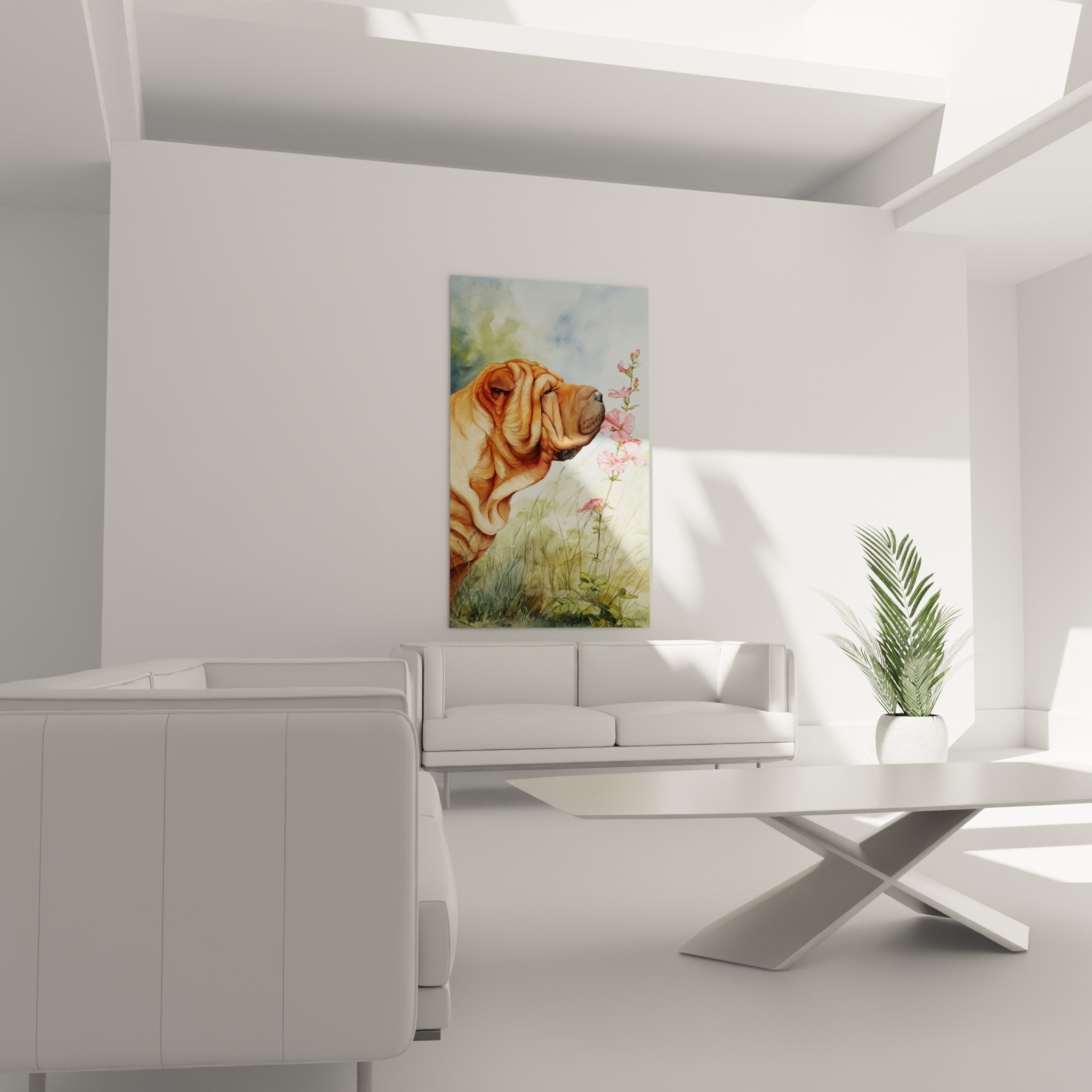 Détail portrait Shar Pei aquarelle montrant texture pelage doré et fleurs roses délicates