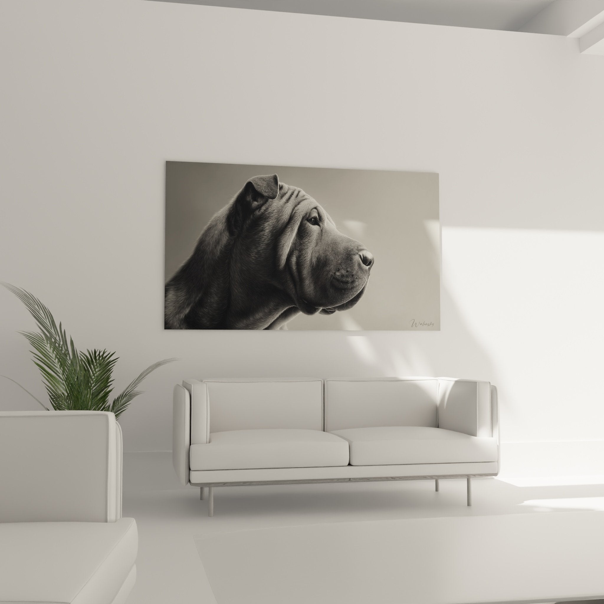 Detail portrait Shar Pei plis peau texture monochrome gris nuances art animalier