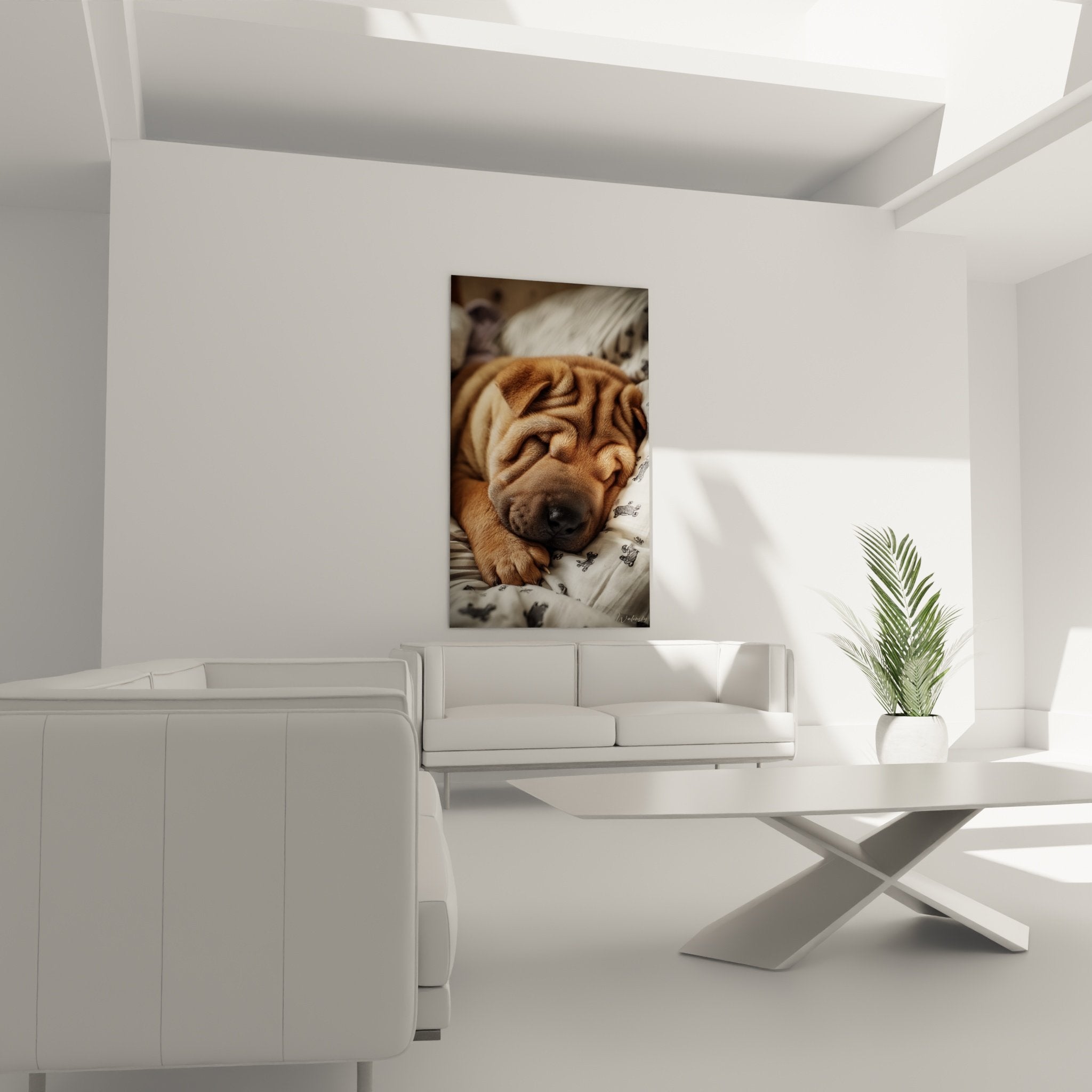 Détail Shar Pei assoupi, rides caractéristiques, pelage doré sur tissu blanc, photographie animalière