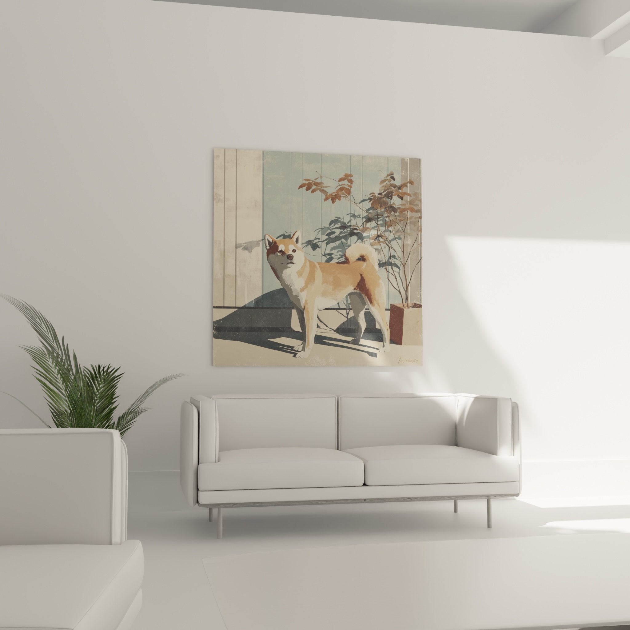 Shiba Inu painting detail with fawn coat and golden highlights contemporary art style