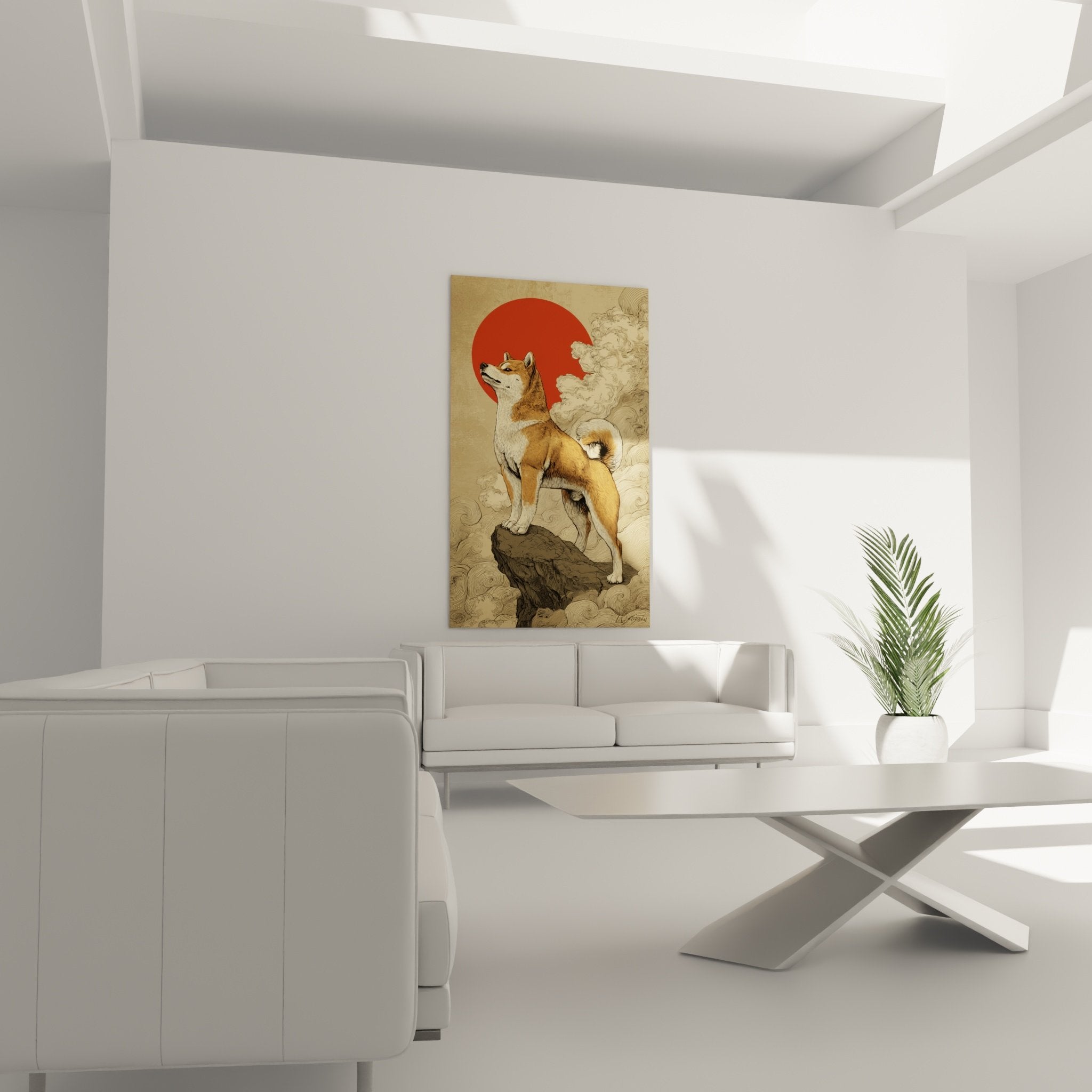 Détail rapproché tableau chien Shiba Inu roux pelage réaliste art japonais