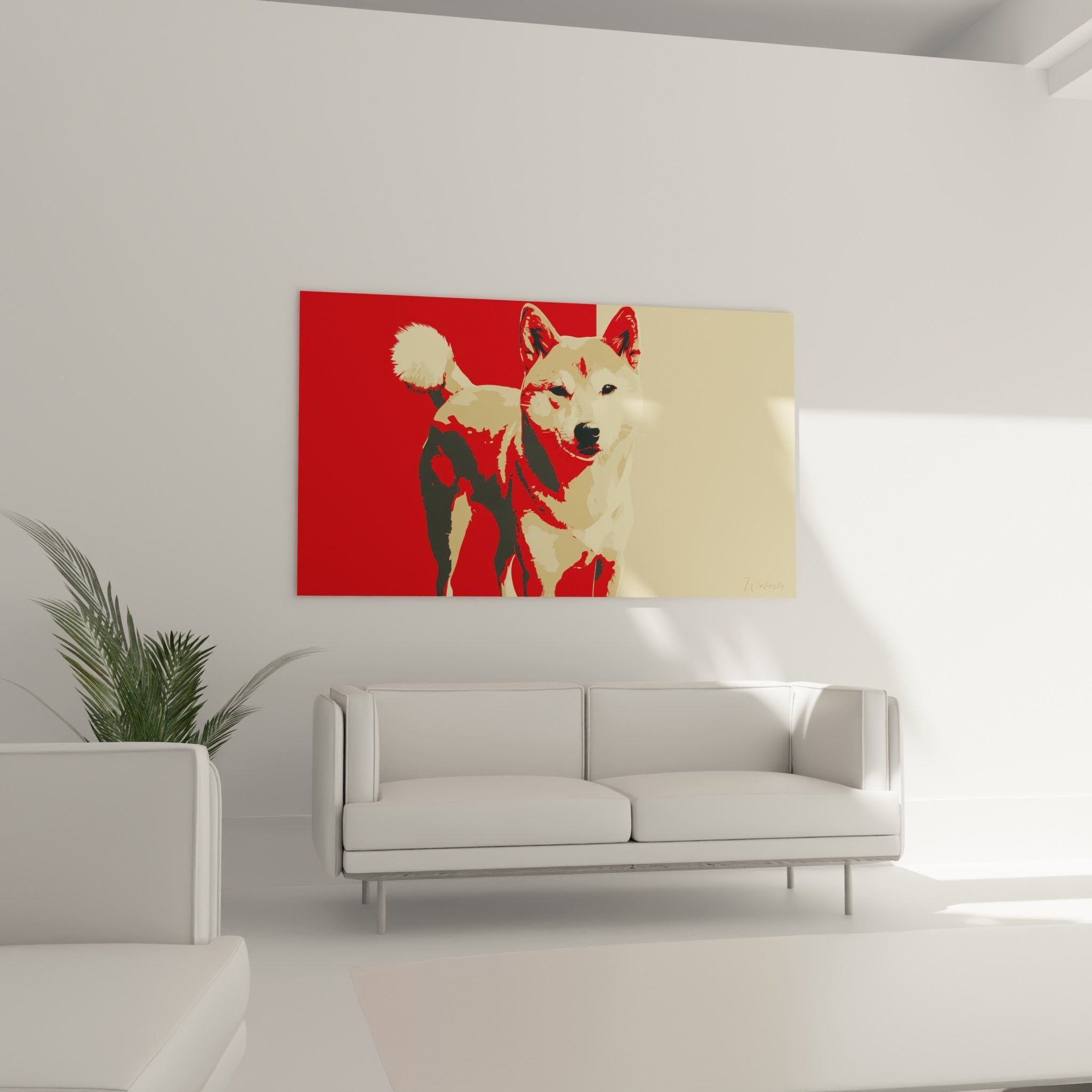 Shiba Inu portrait detail pop art style, vermillion red and beige contrast, expressive dog gaze