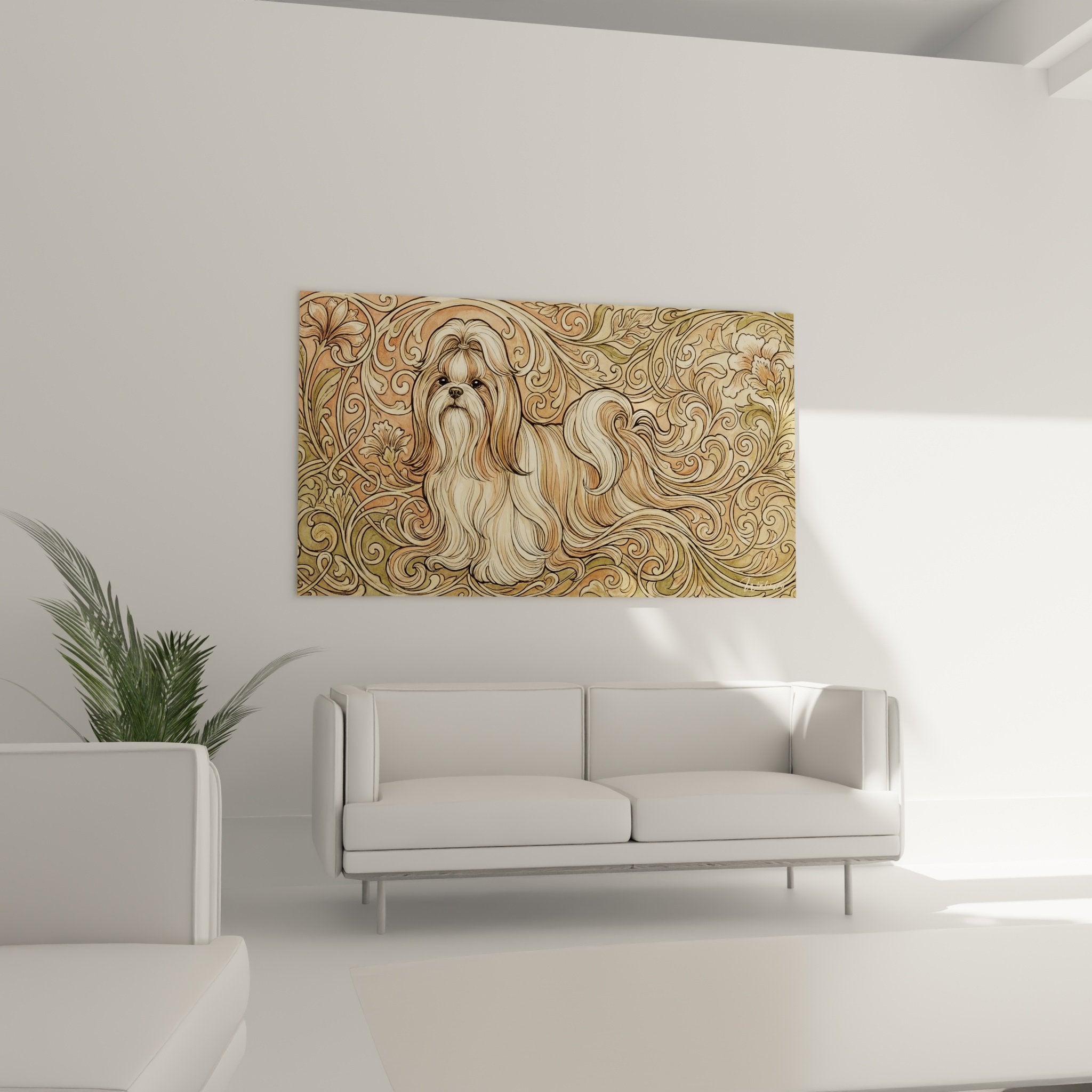 Close-up detail of Shih Tzu painting with cream white coat and golden ochre decorative swirls