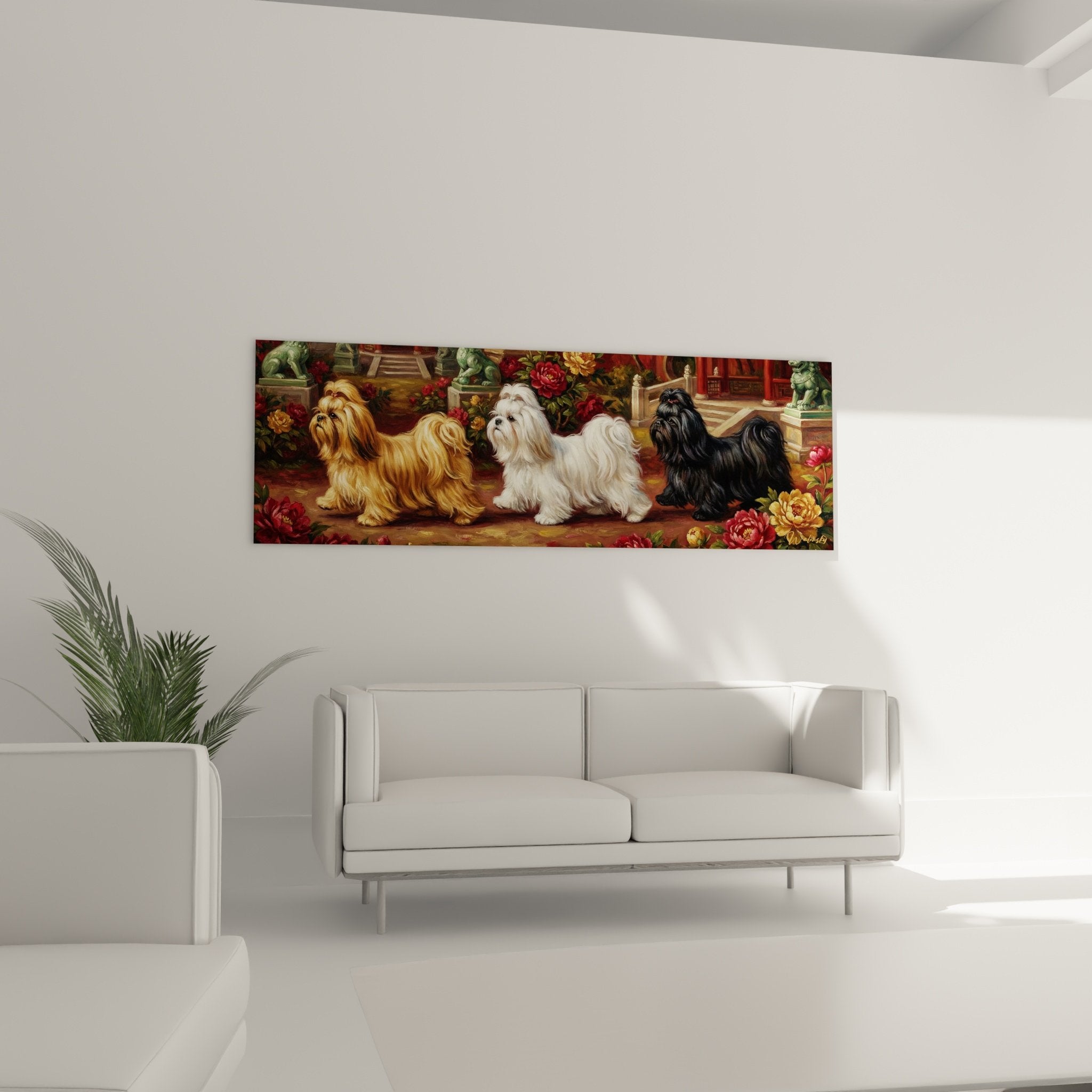 Détail gros plan tableau Shih Tzu pelages texturés dorés blancs noirs roses pivoines réalisme artistique