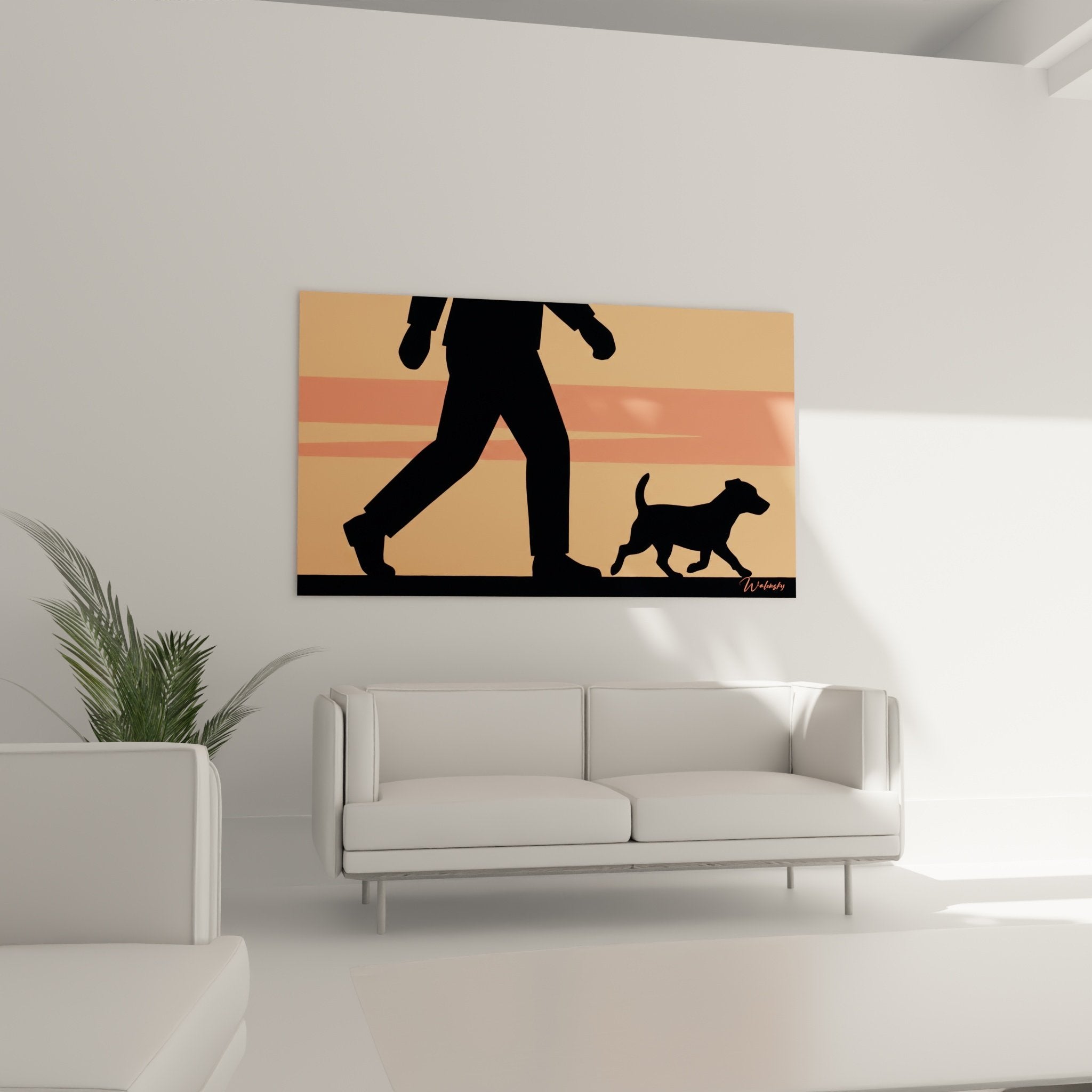 Détail silhouettes épurées homme Jack Russel Terrier dégradé orange pêche art contemporain