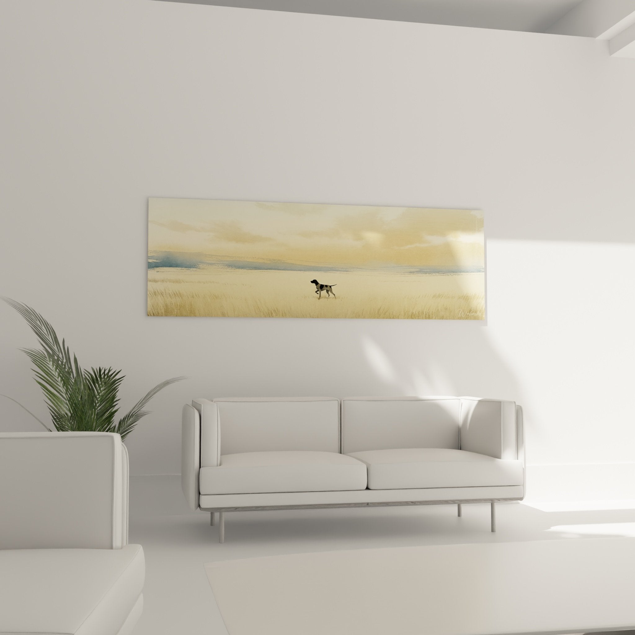 Détail silhouette Pointer Anglais arrêt herbes dorées tableau chasse cynégétique