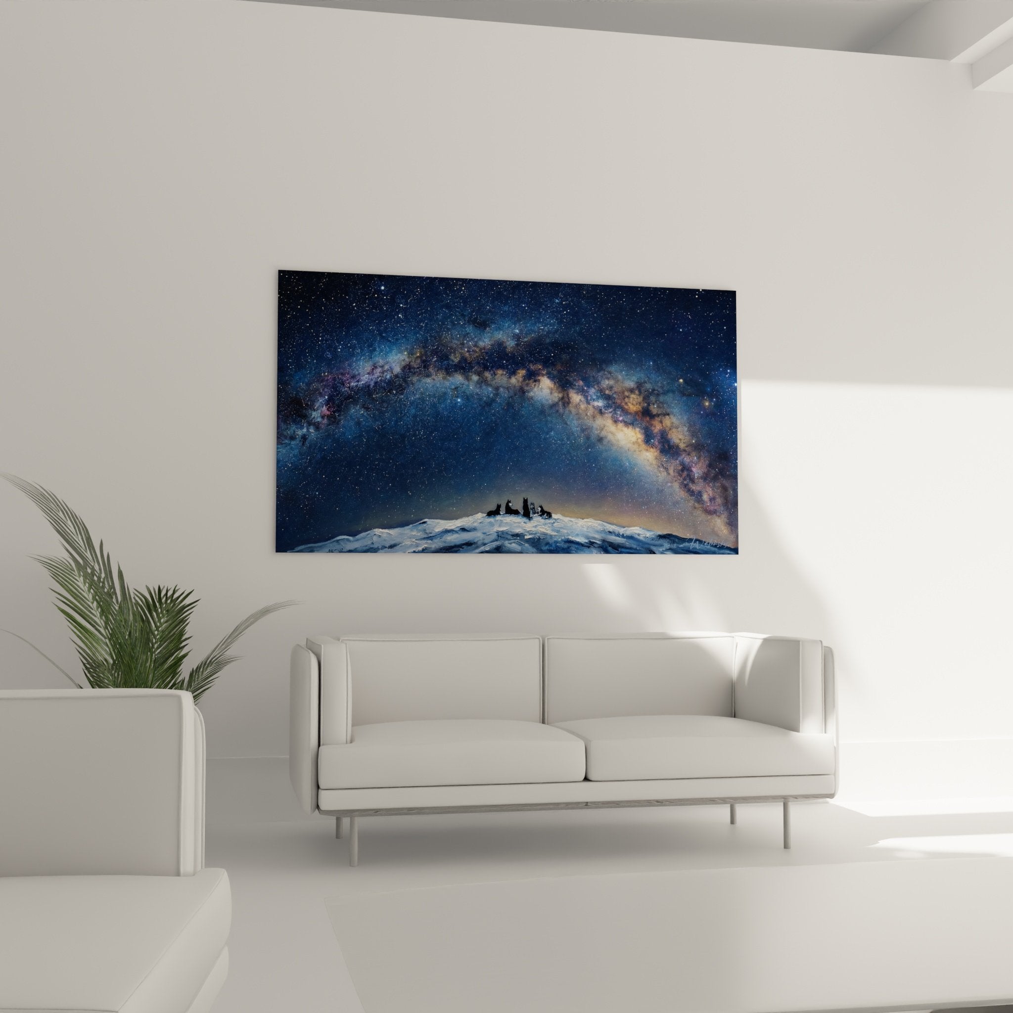 Détail tableau silhouettes huskys neige blanche étoiles brillantes cosmos bleu nuit artistique
