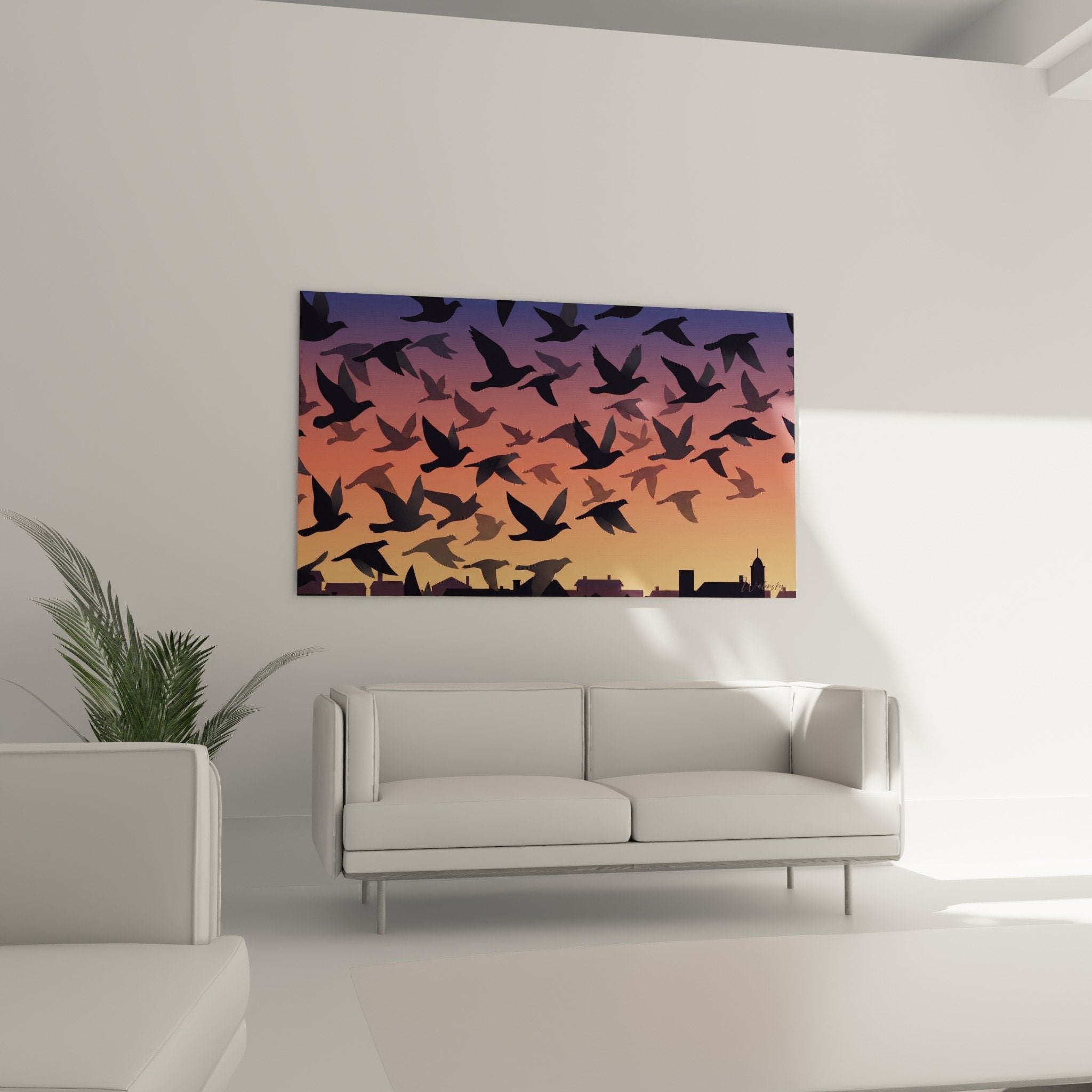 Detail of pigeon silhouettes flying sky orange violet gradient warm colors