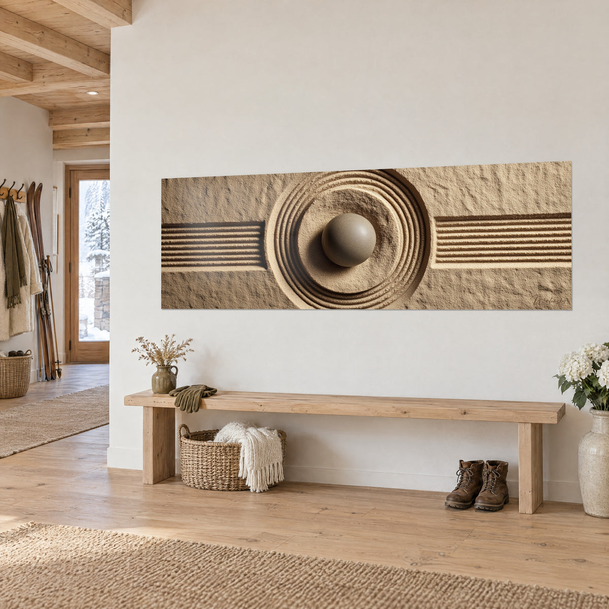 Quadro cerchi concentrici tracciati nella sabbia dorata, sfera di pietra grigia, linee rette, sopra una panca in legno chiaro