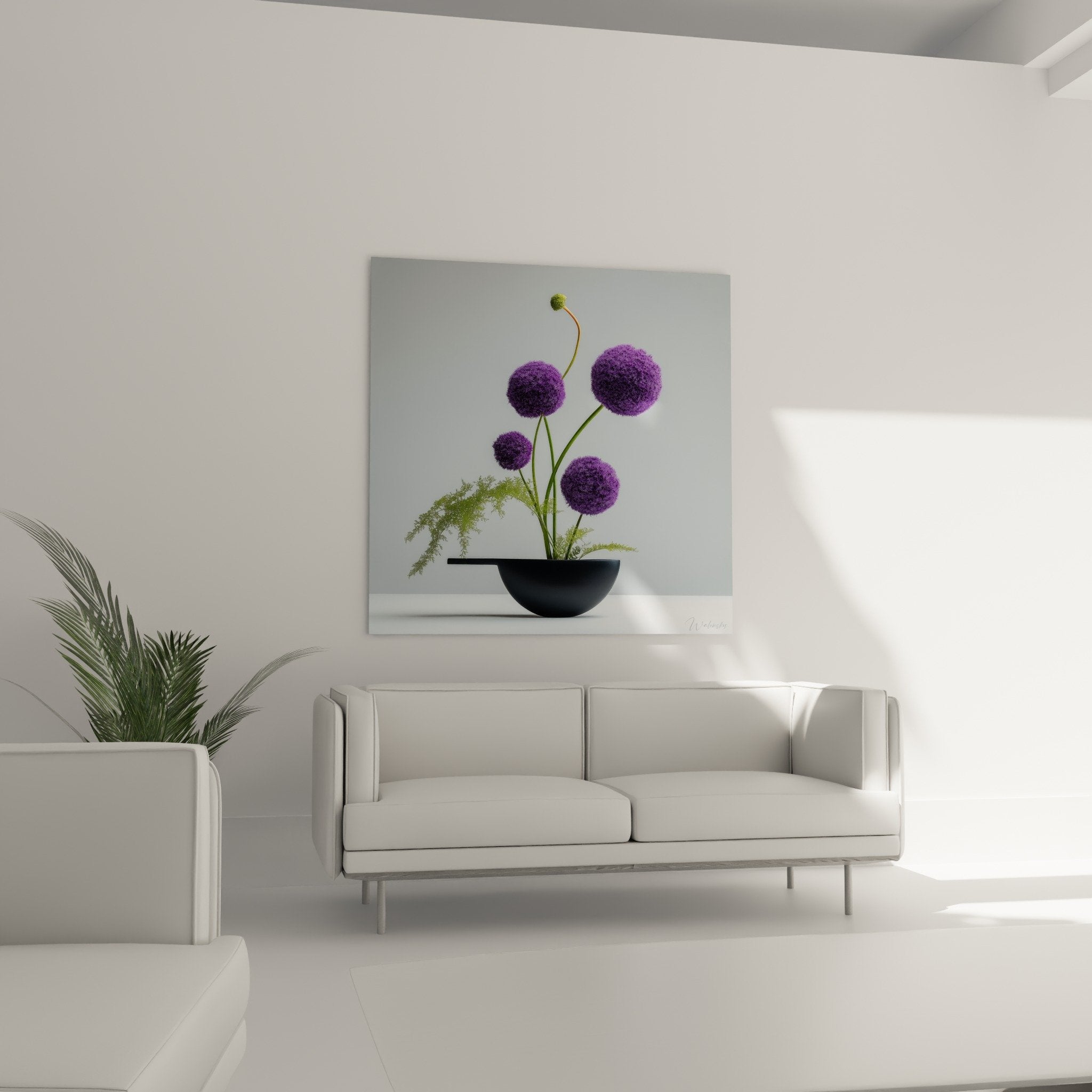 Detail spheres violettes parfaites ikebana tige doree courbe feuillage delicat art floral japonais macro