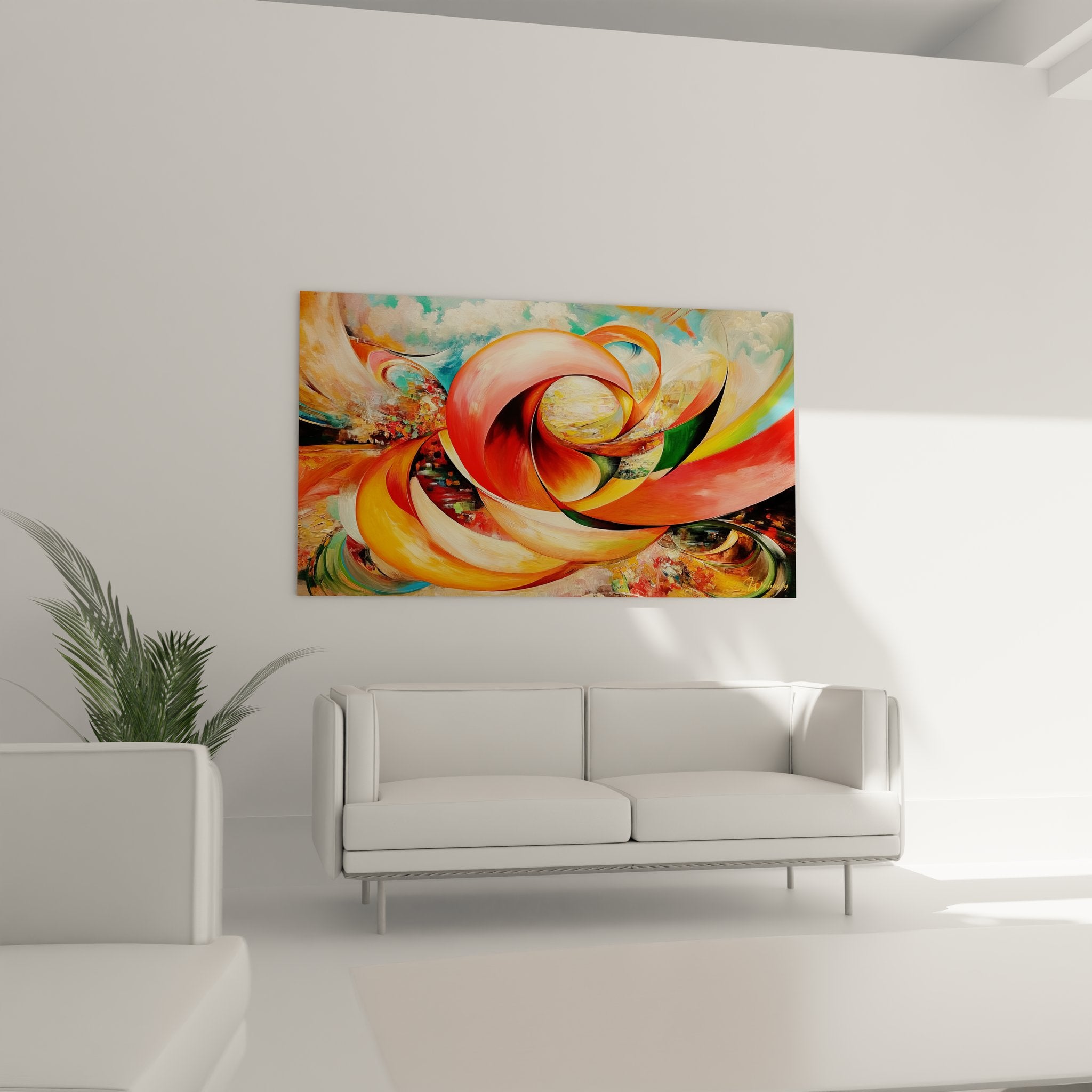 Détail gros plan tableau spirale abstrait montrant textures et nuances rouge orange