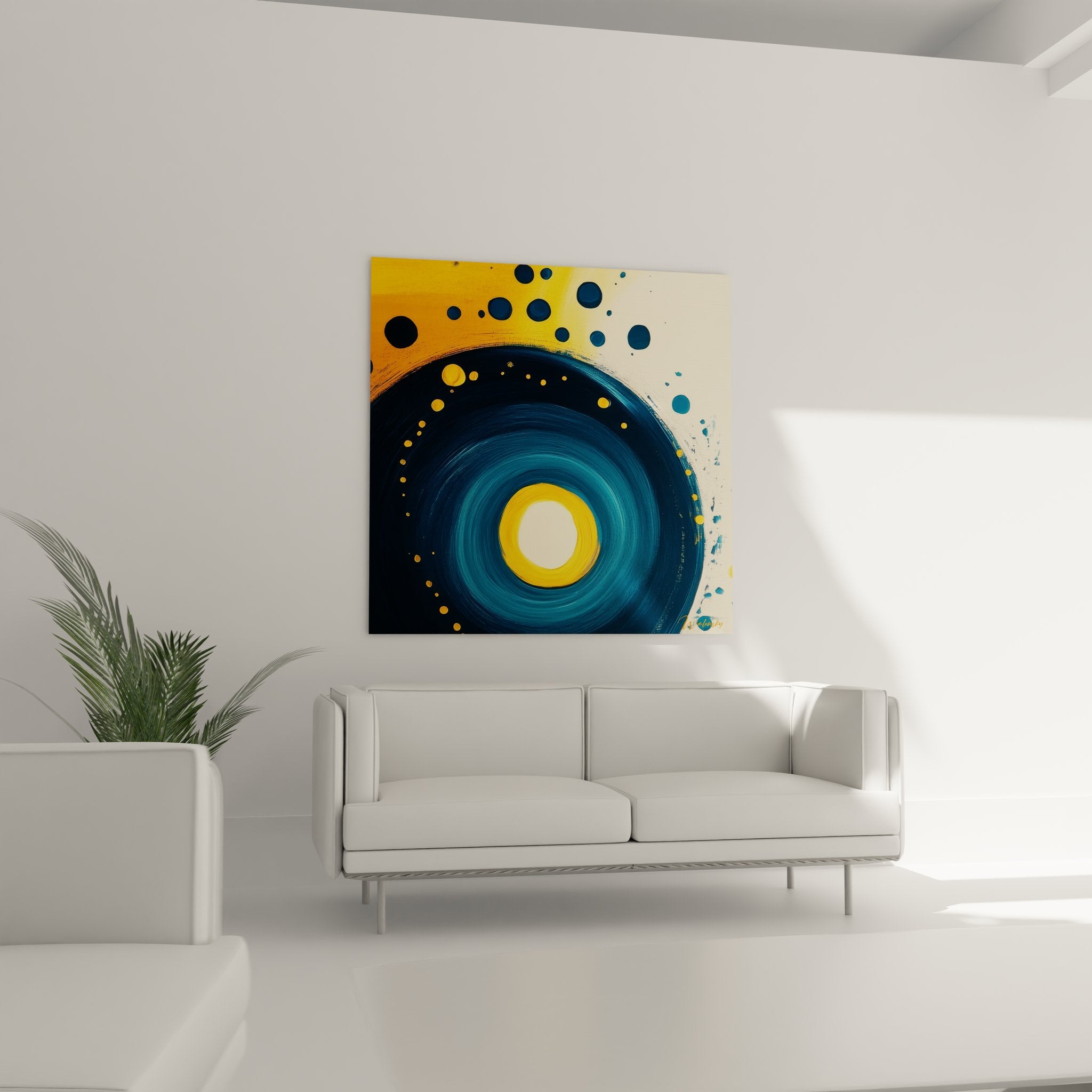 Gros plan détail texture spirale abstraite bleue avec centre lumineux orange et points décoratifs