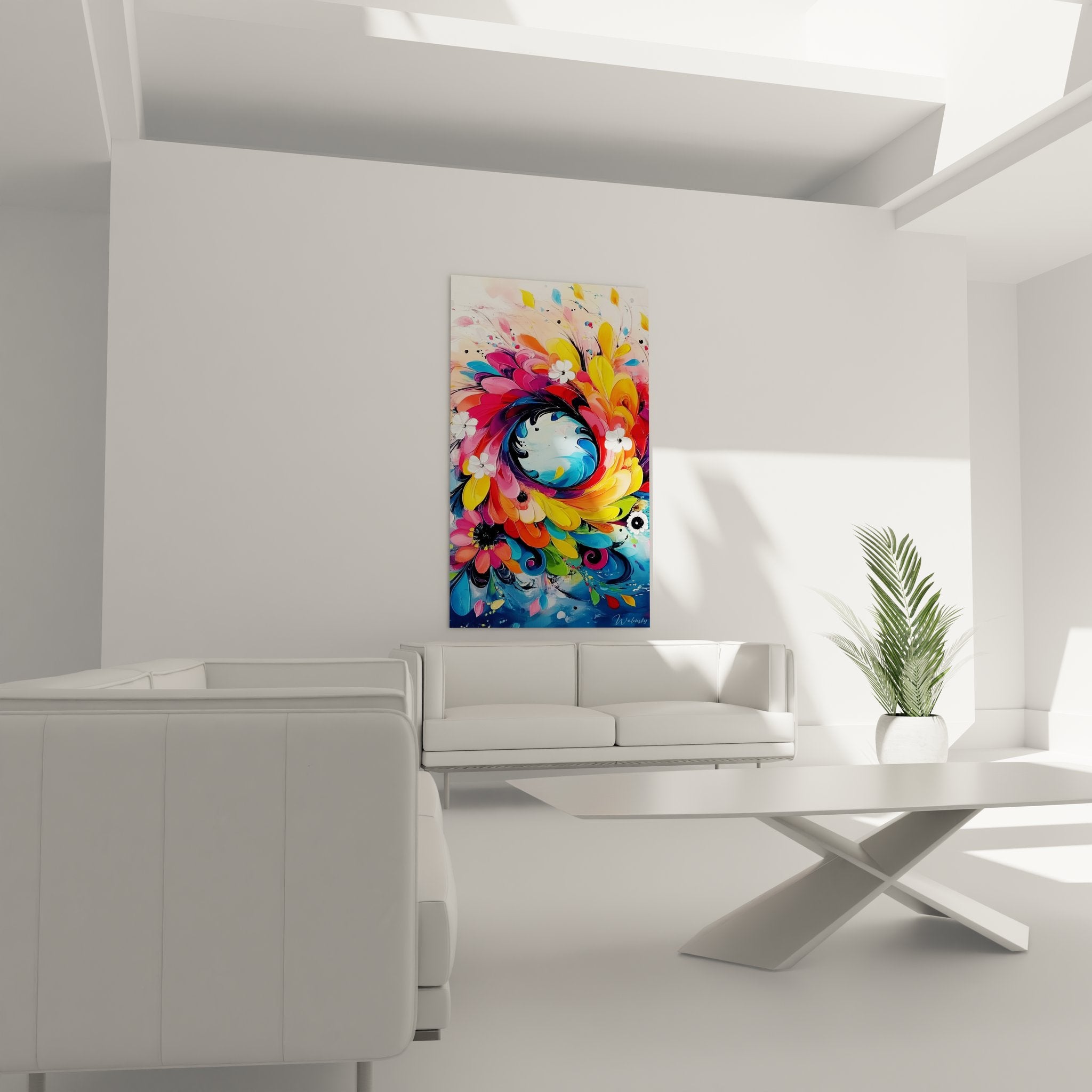 Détail gros plan spirale abstraite florale montrant textures et nuances colorées de l'œuvre