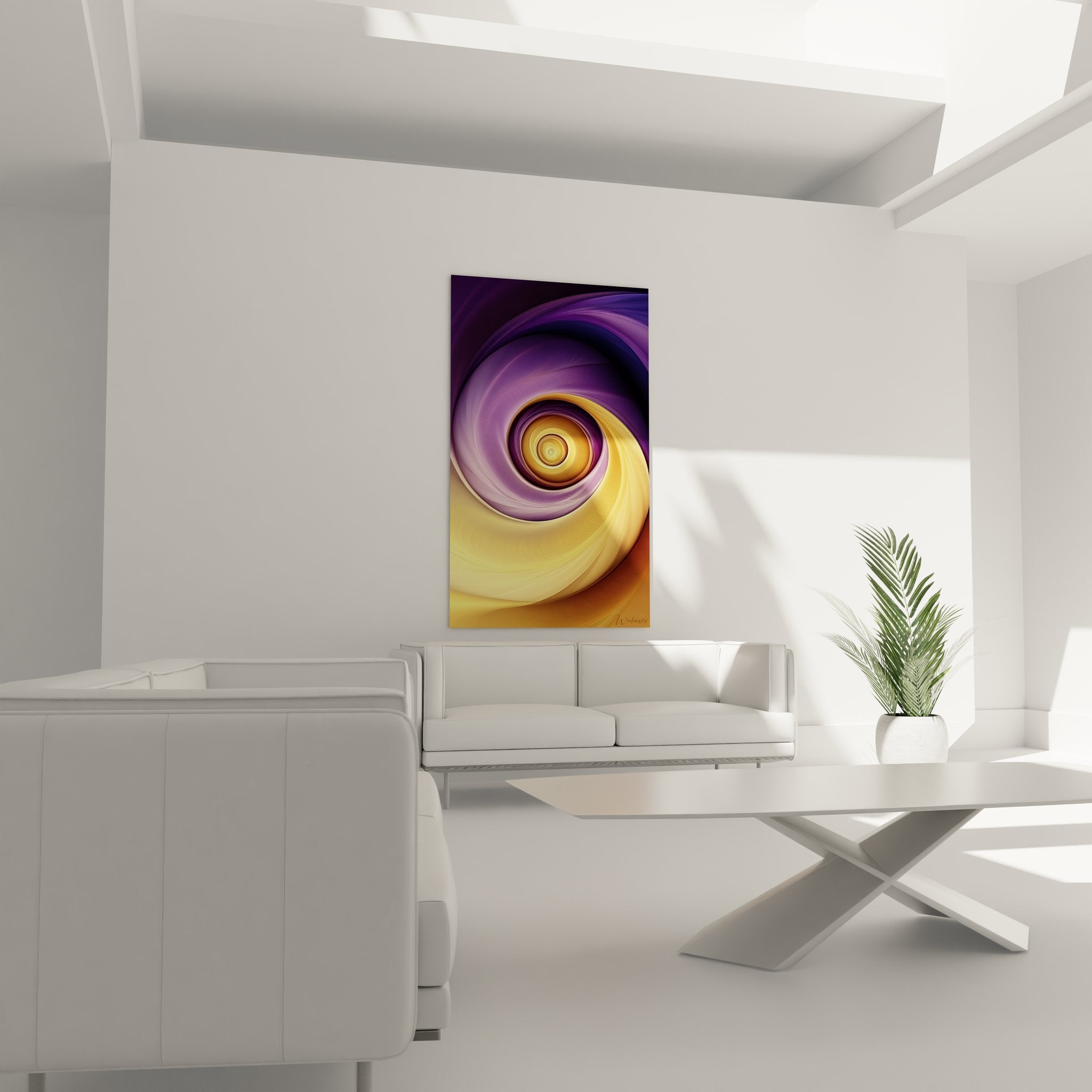 Détail spirale abstraite montrant textures dorées et dégradés violets en gros plan artistique