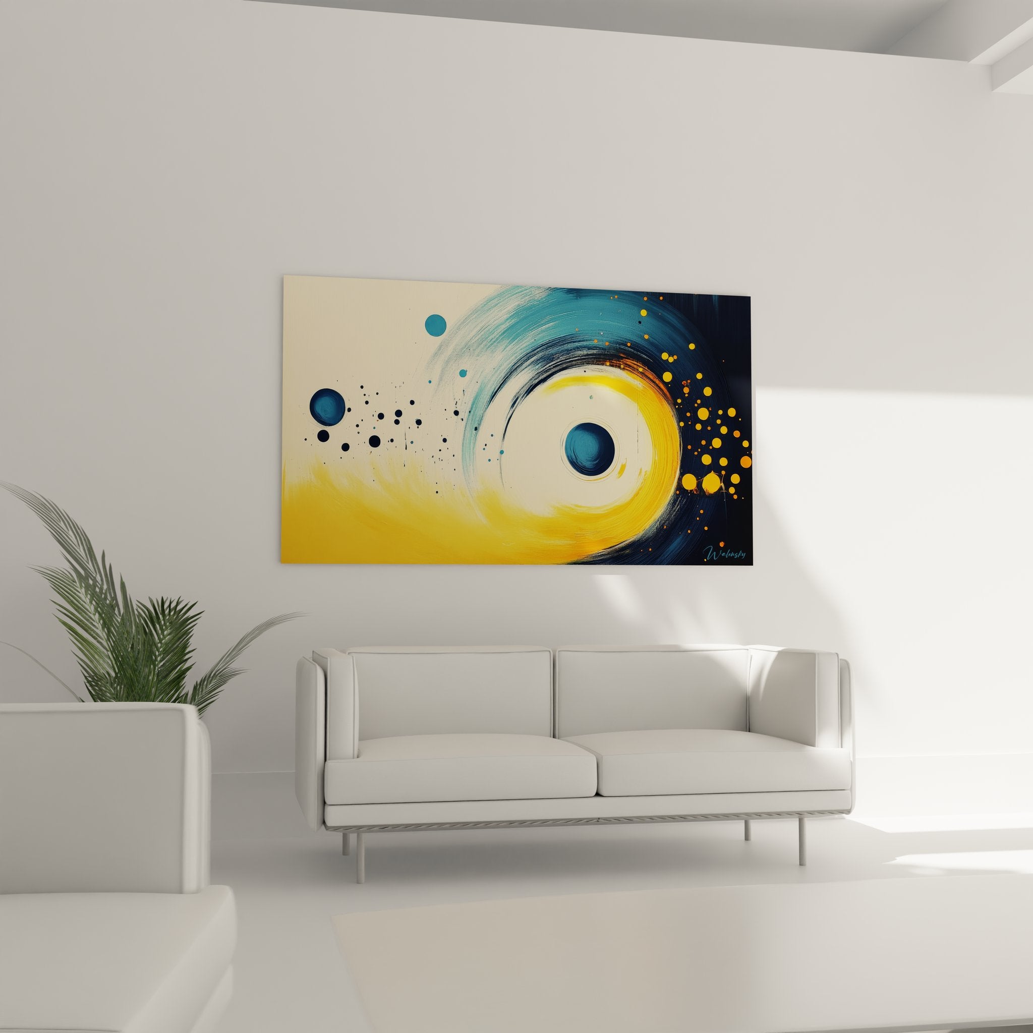 Détail gros plan spirale cosmique dorée avec textures bleues et particules scintillantes