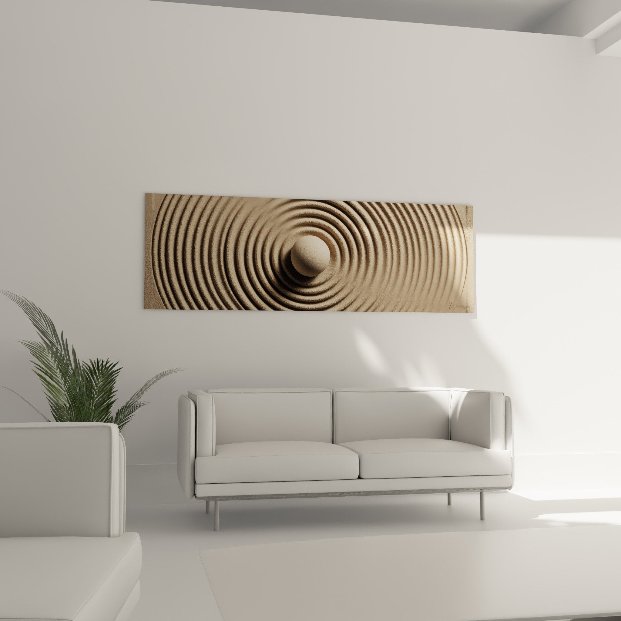 Close-up detail beige spiral concentric undulations sculpted texture interplay of shadows three-dimensional relief focal point