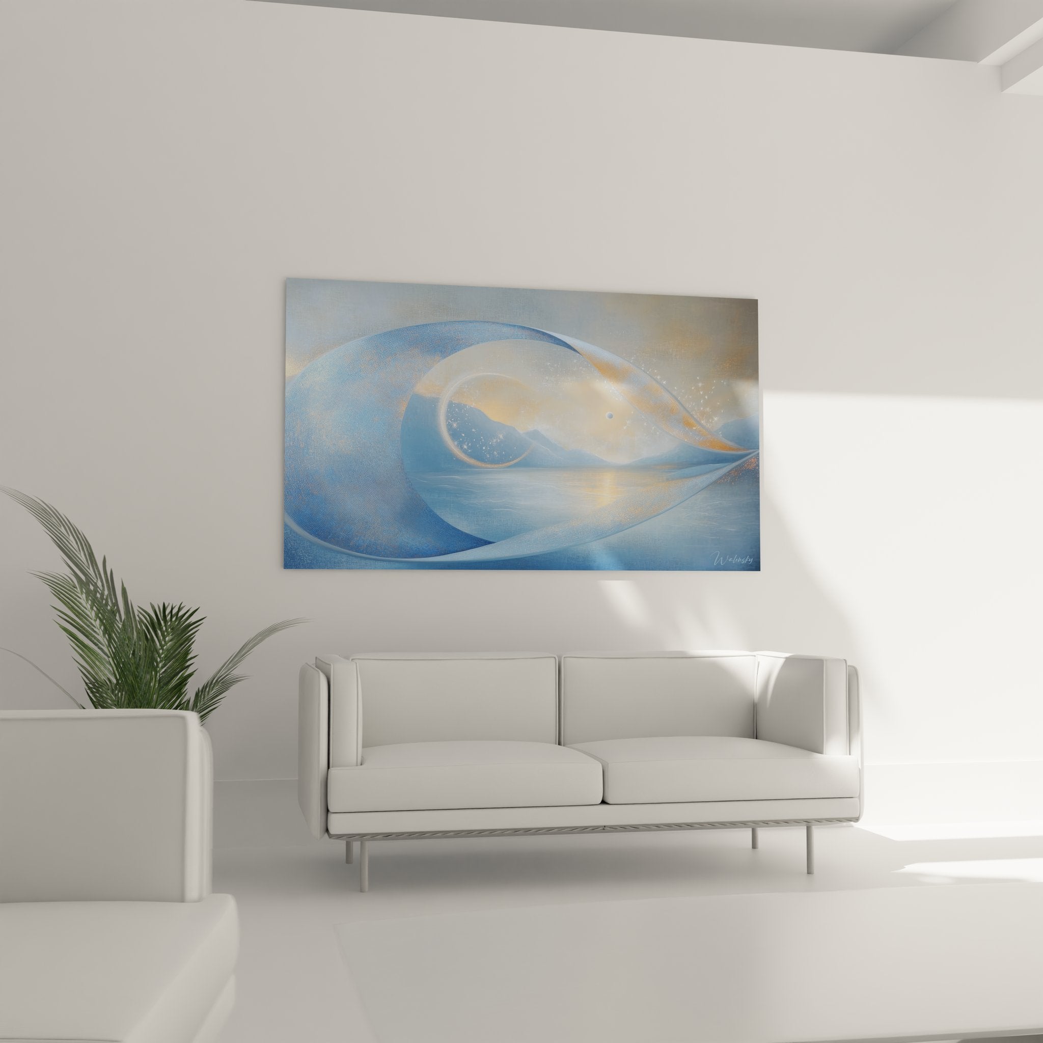 Détail texture tableau spirale cosmique bleue - effets dorés particules étoilées art abstrait