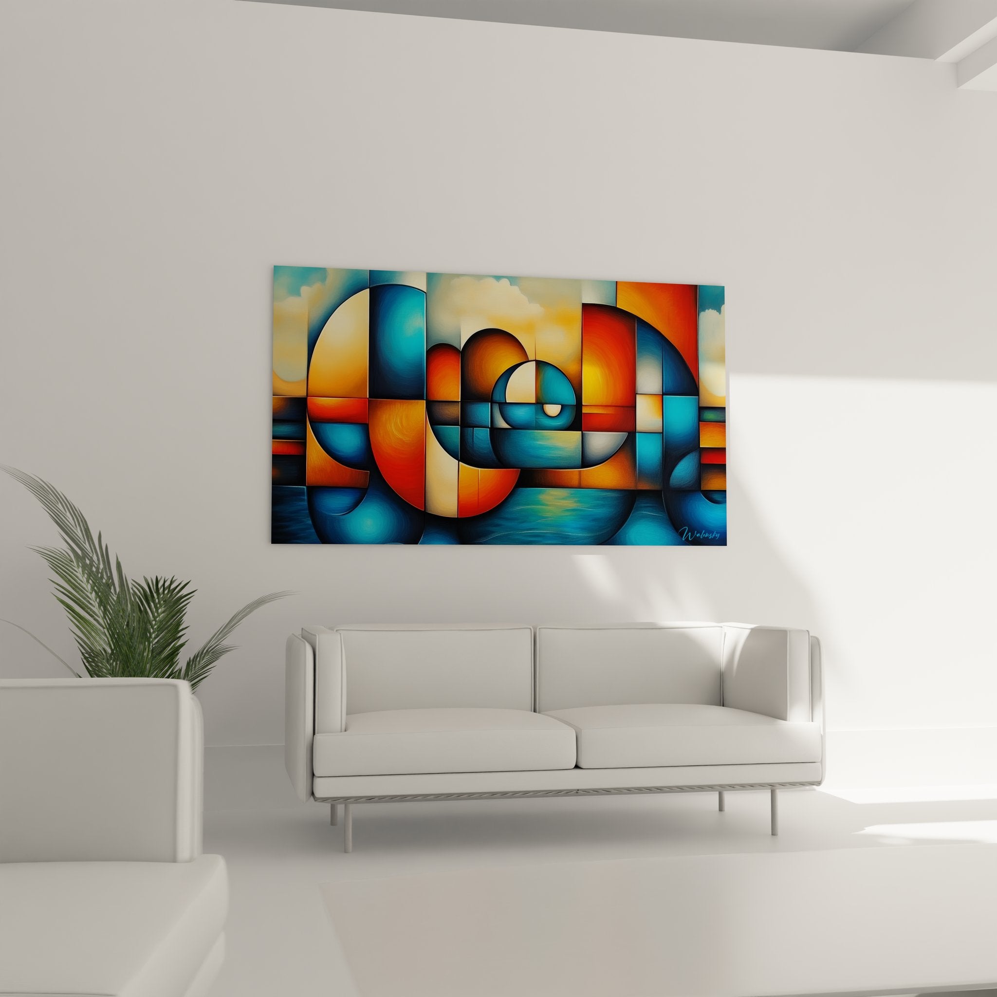 Détail gros plan spirale dorée géométrique, formes abstraites compartimentées en bleu et orange