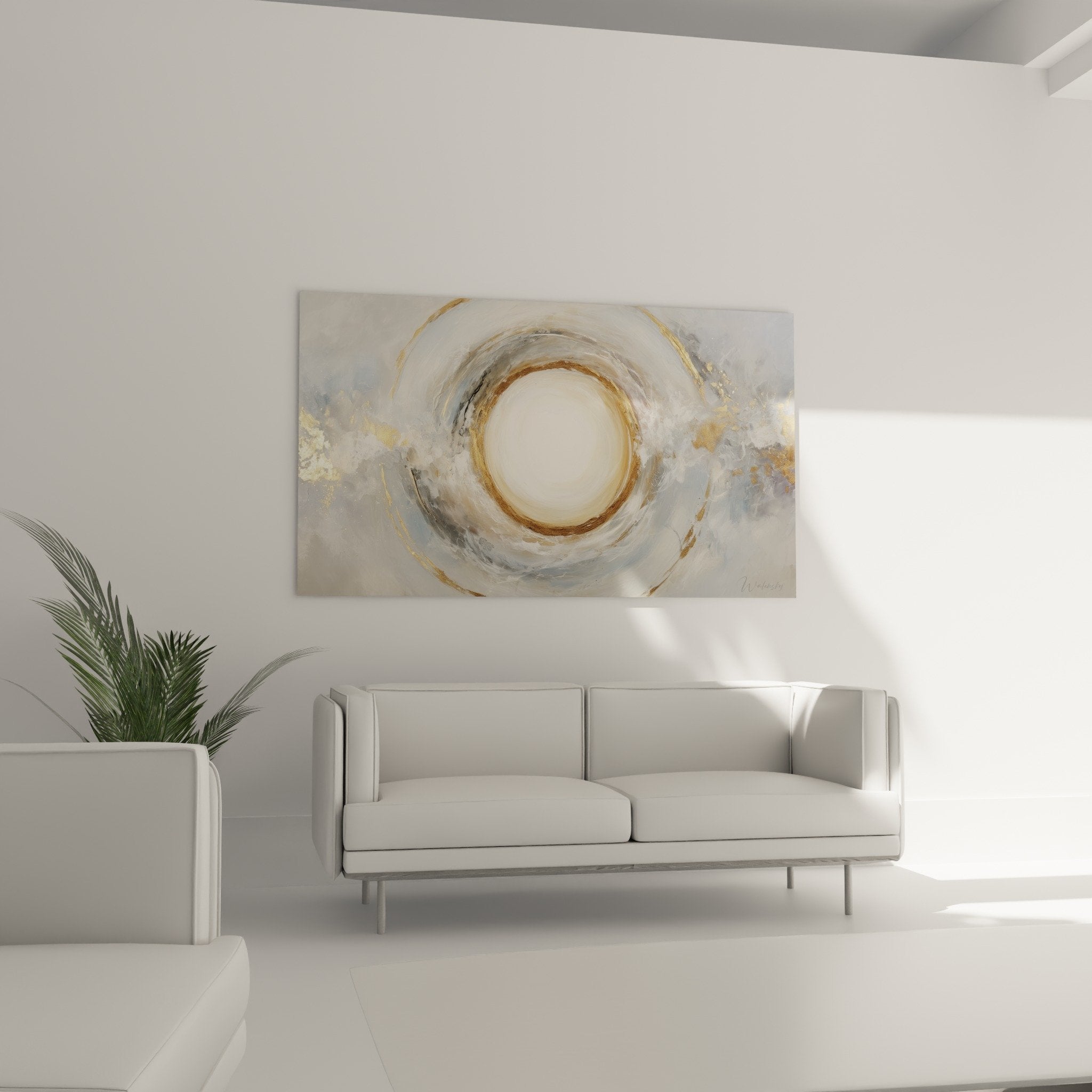 Golden spiral detail swirling textured metallic reflections contemporary abstract painting