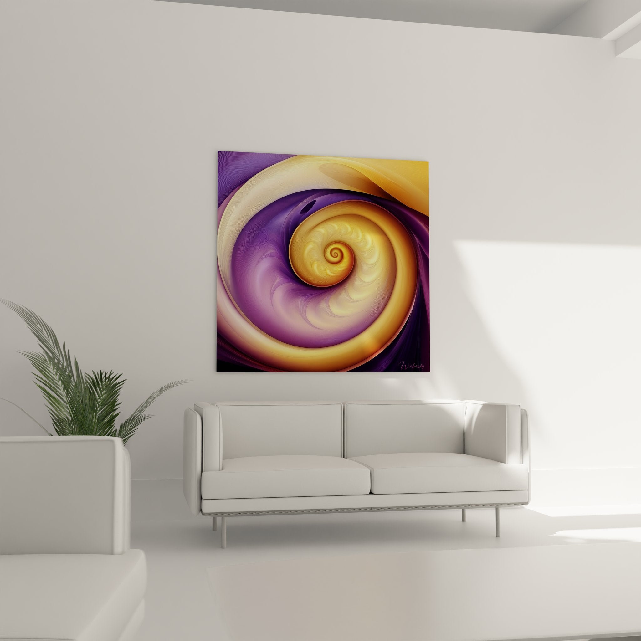 Détail spirale dorée abstraite montrant texture métallique et gradients pourpres de l'œuvre d'art moderne