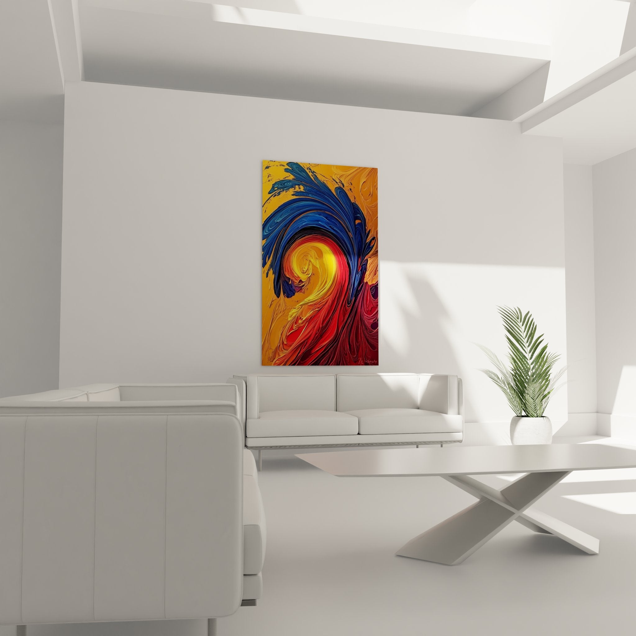 Gros plan détail tableau spirale énergétique, textures peinture abstraite vortex couleurs flamboyantes