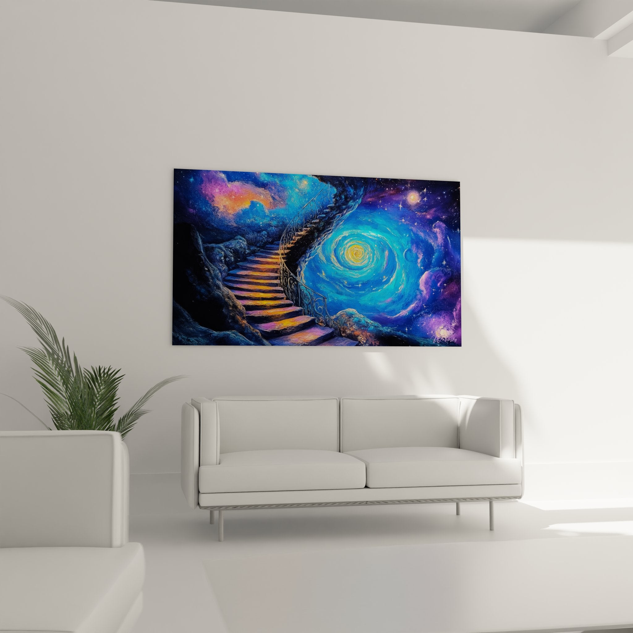 Gros plan détail spirale galactique bleue et escalier doré, texture peinture cosmique abstraite