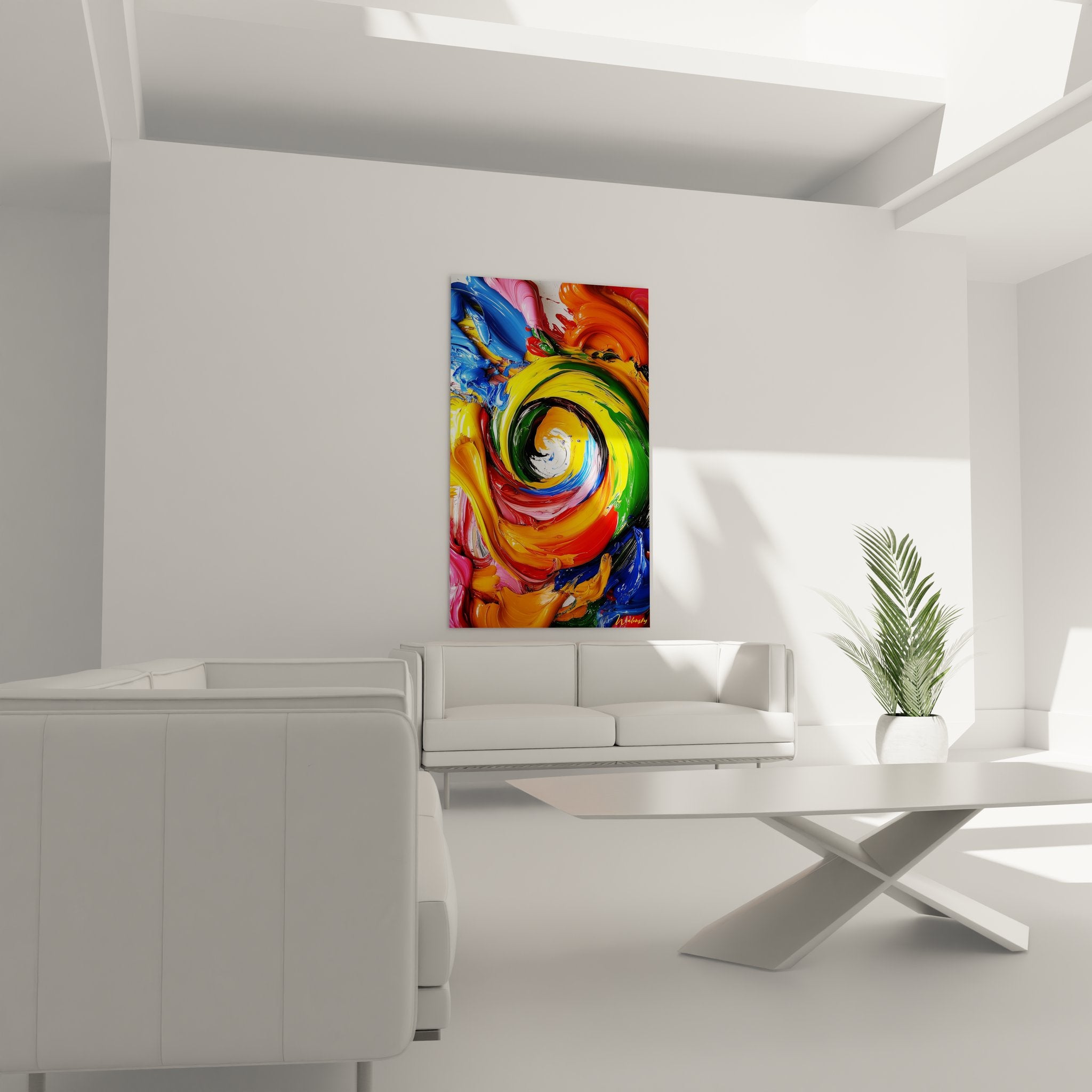 Gros plan détail tableau spirale abstraite montrant texture peinture et dégradés colorés tourbillonnants