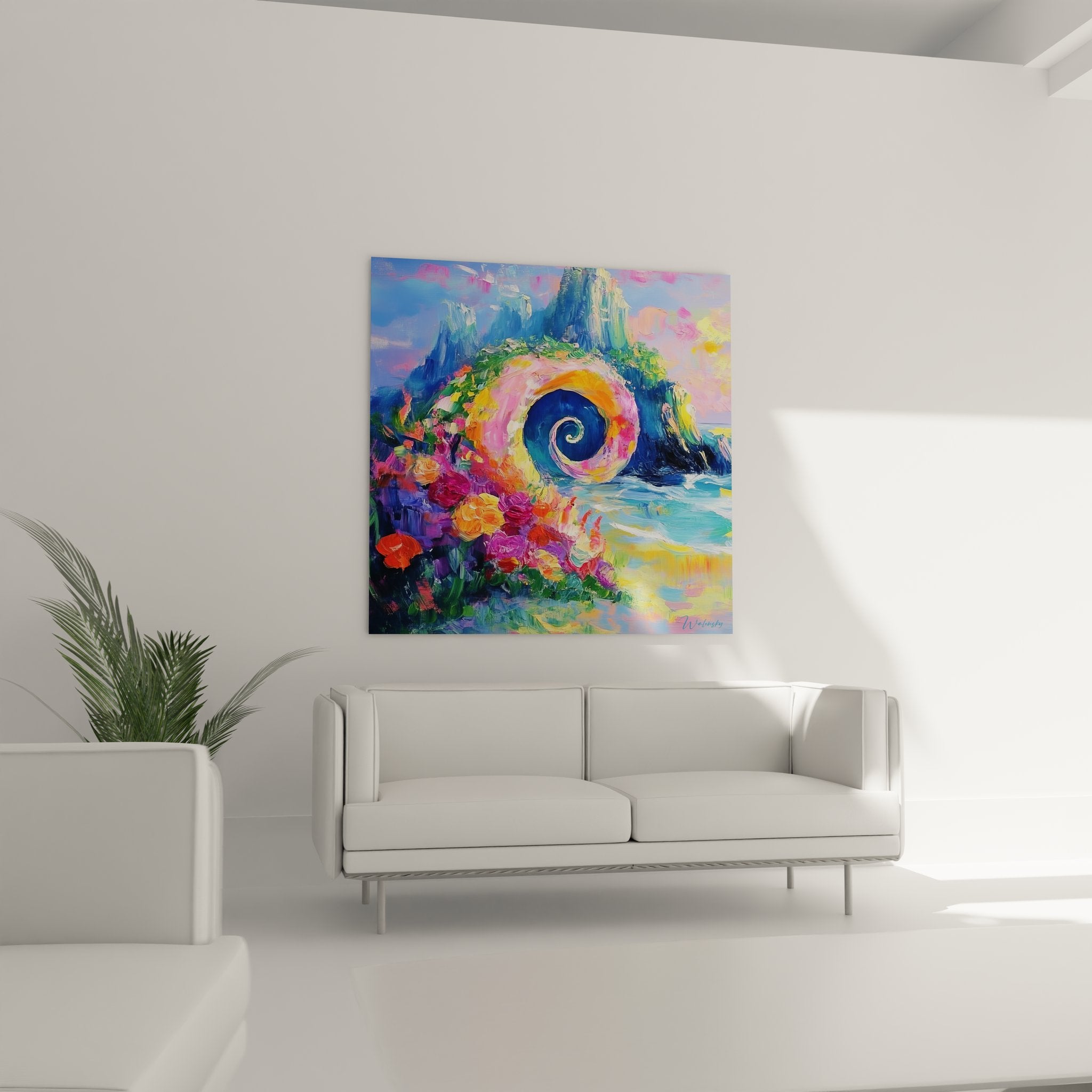 Gros plan spirale océanique colorée, détails peinture abstraite vague marine tons roses oranges bleus