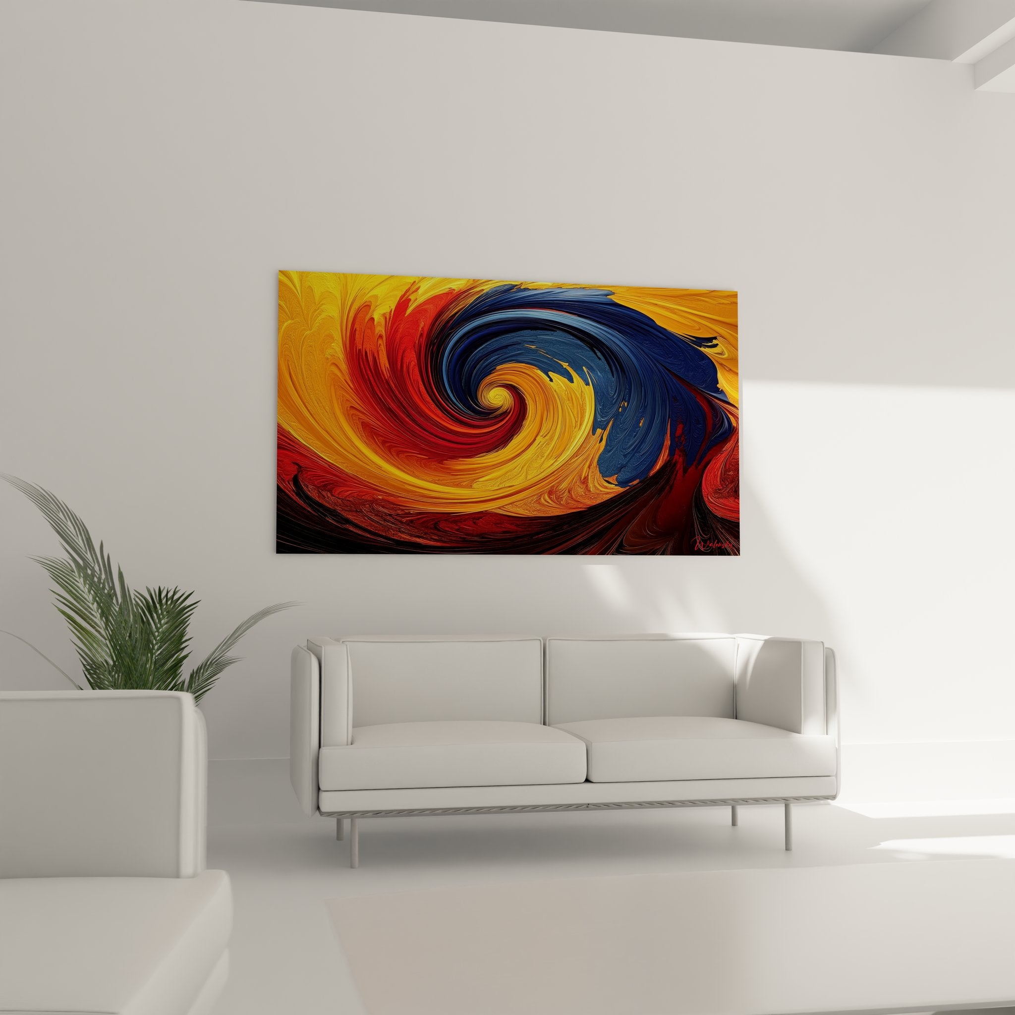 Gros plan détail tableau spirale abstrait couleurs orange rouge bleu texture peinture moderne