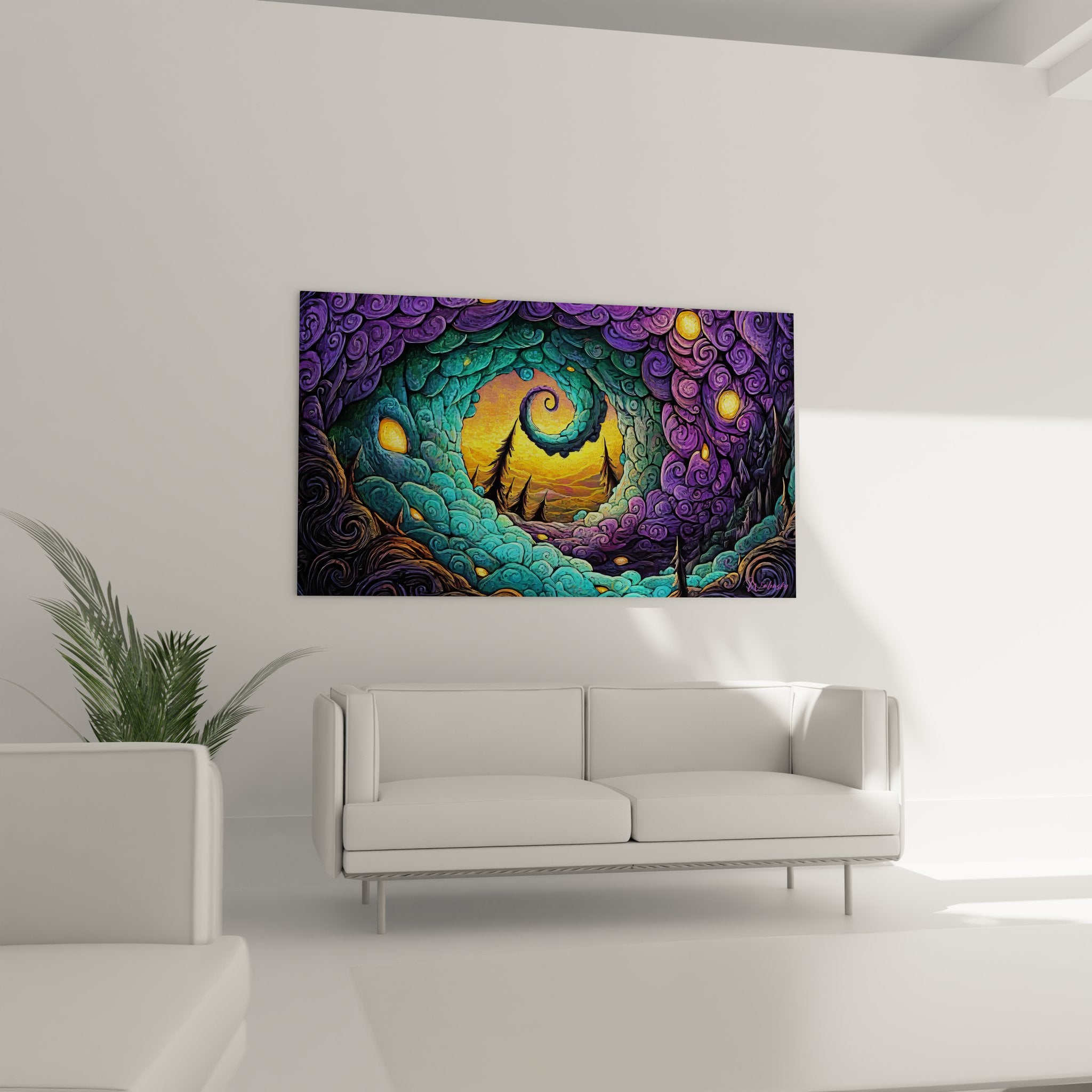 Détail spirales abstraites colorées du tableau grotte mystique avec effets de matière