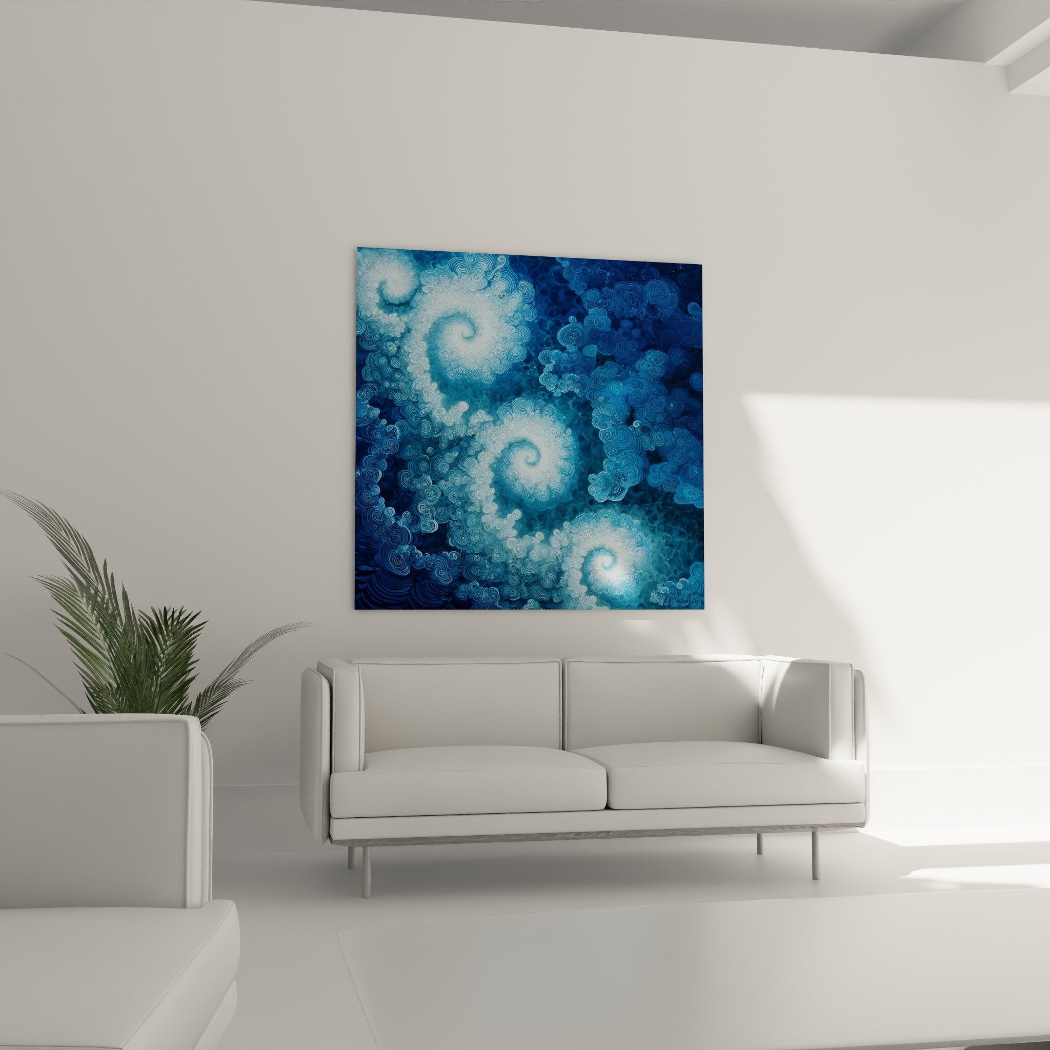 Blue ornamental spirals swirling cloud patterns feng shui north water wall art