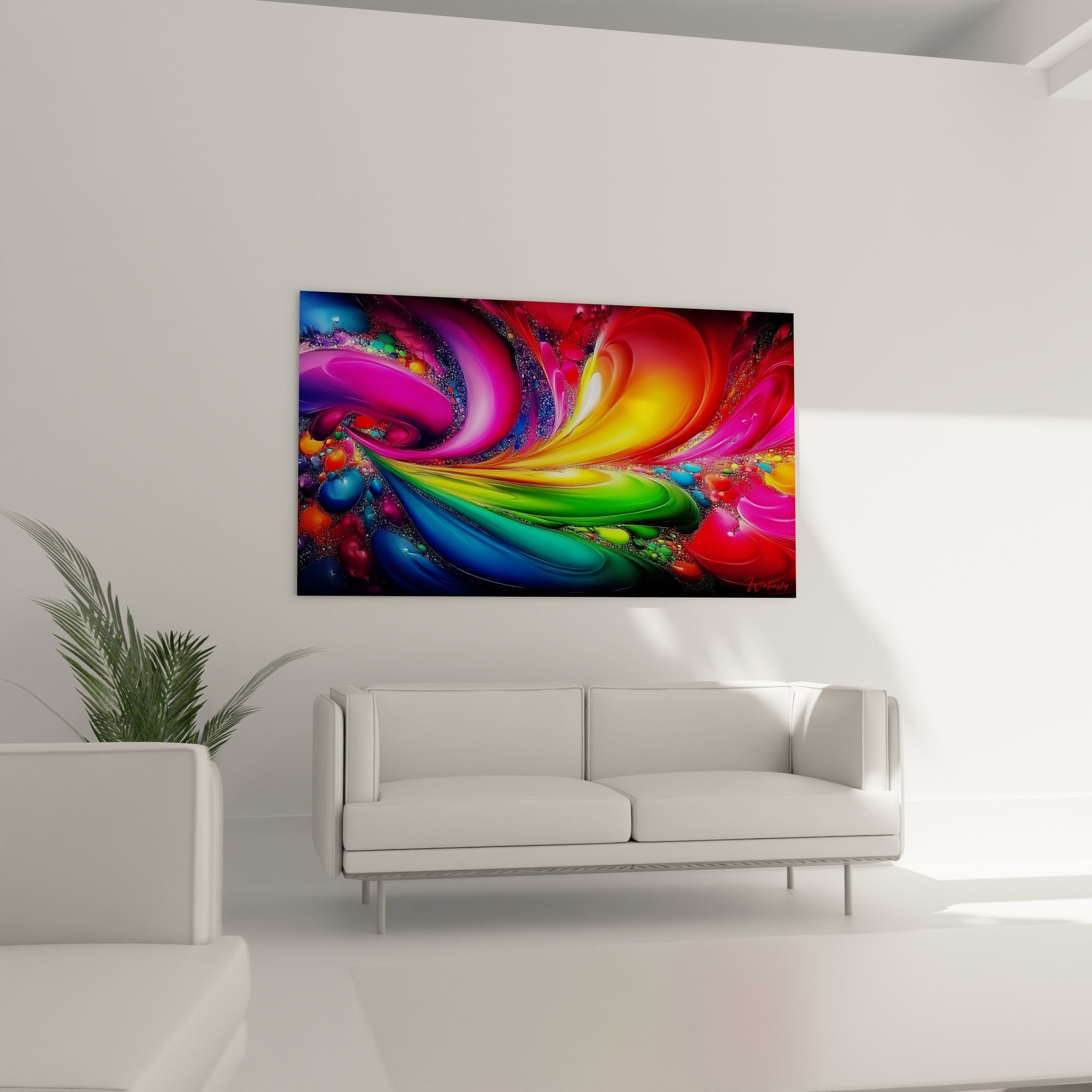 Gros plan détail tableau spirales multicolores montrant textures fluides et dégradés chromatiques