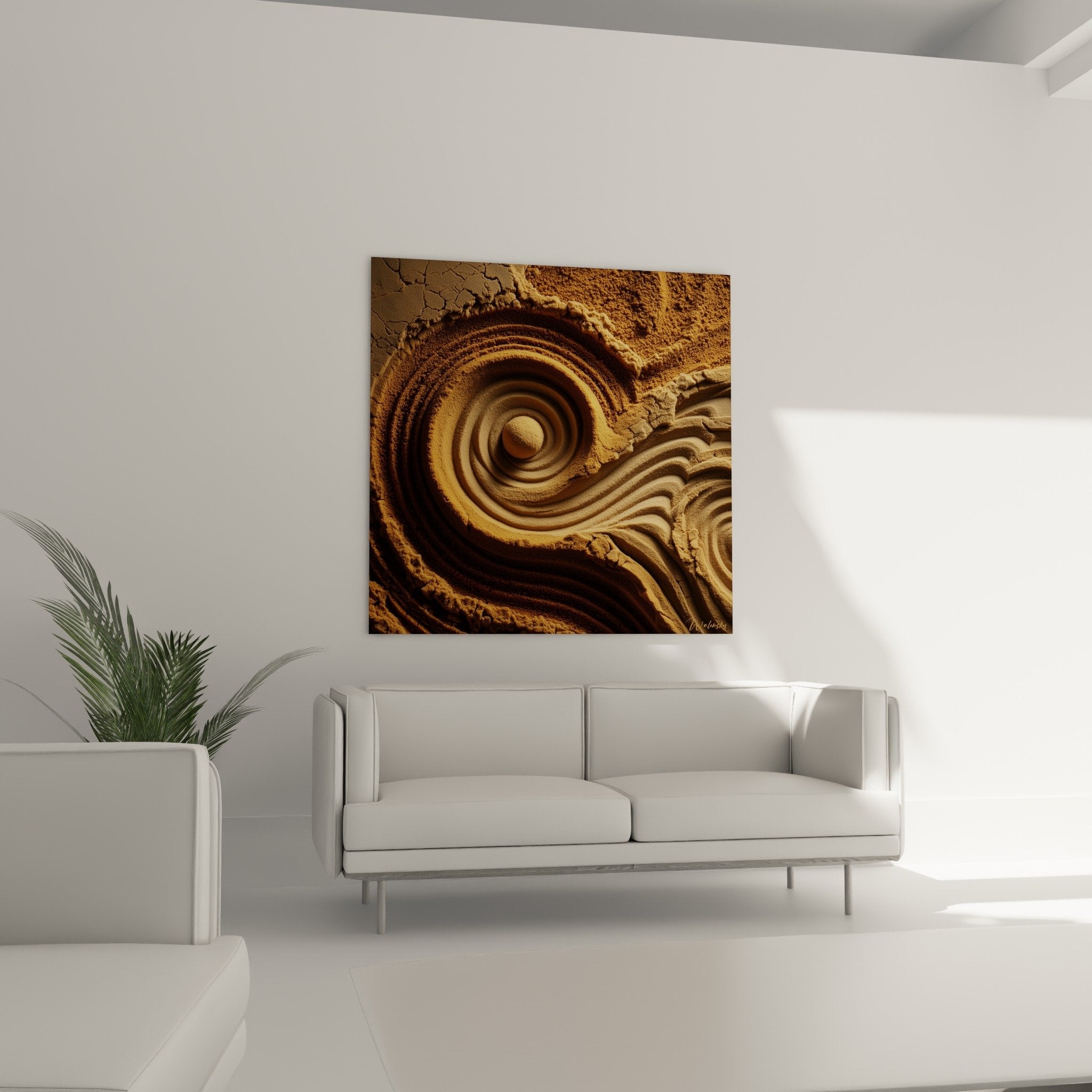 détail spirales concentriques dorées texture rocheuse stratifiée relief sculpté naturel tableau édition sable
