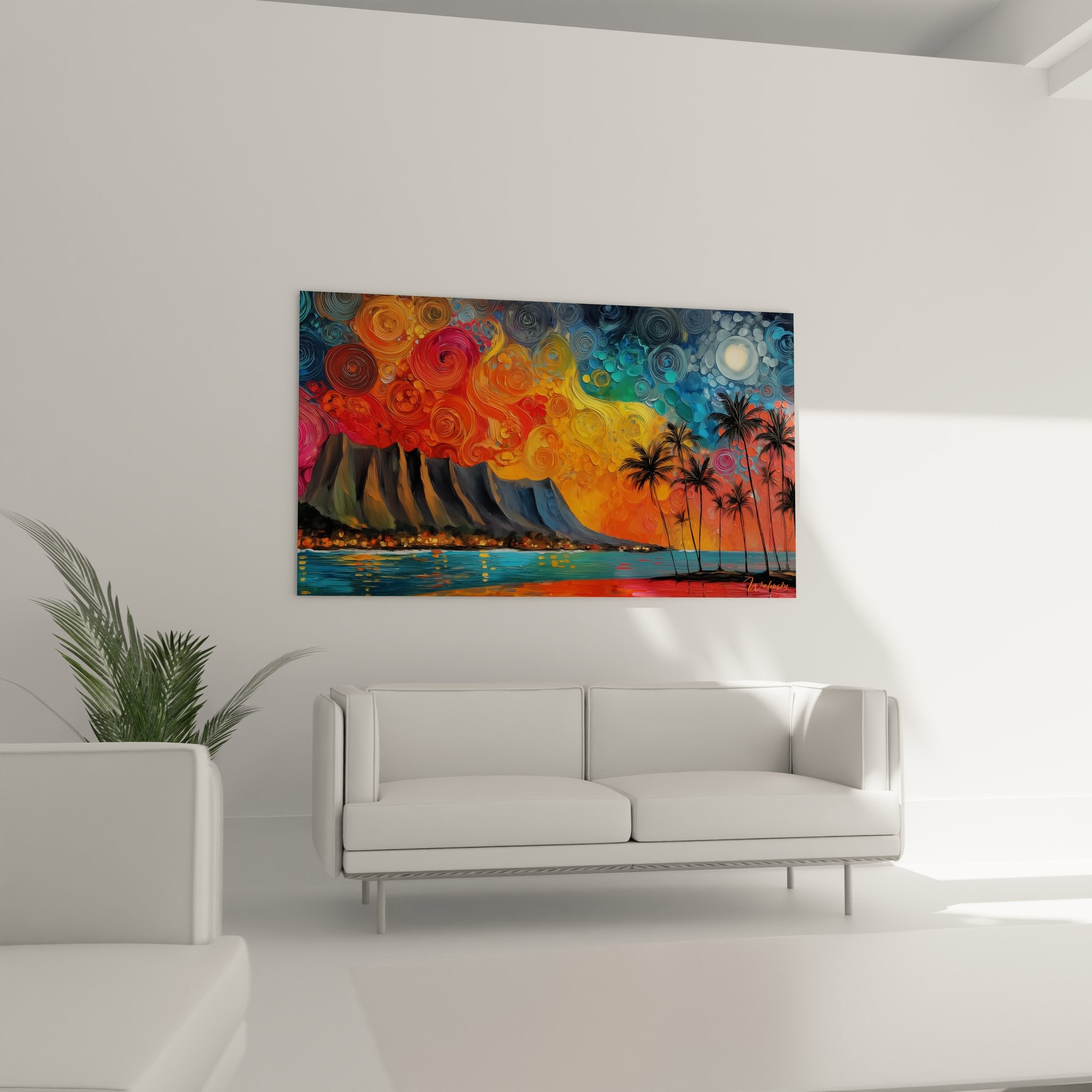 Détail gros plan spirales cosmiques colorées tableau paysage tropical volcanique