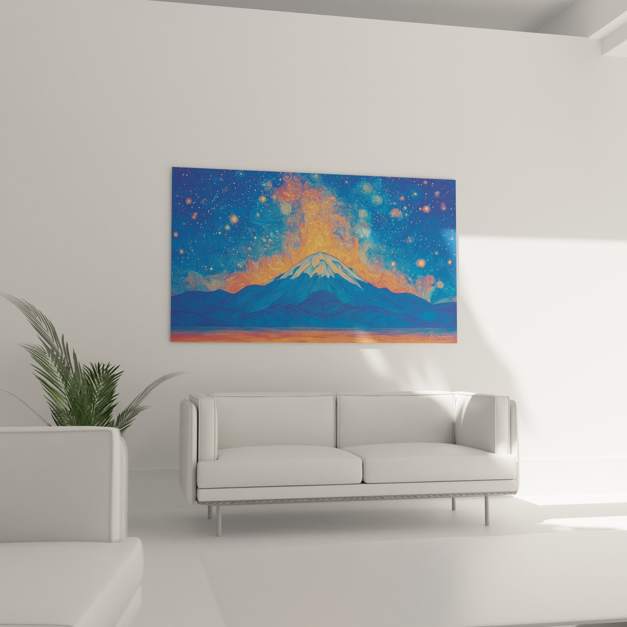 Gros plan détail spirales dorées et motifs cosmiques tableau montagne étoilée, texture artistique moderne