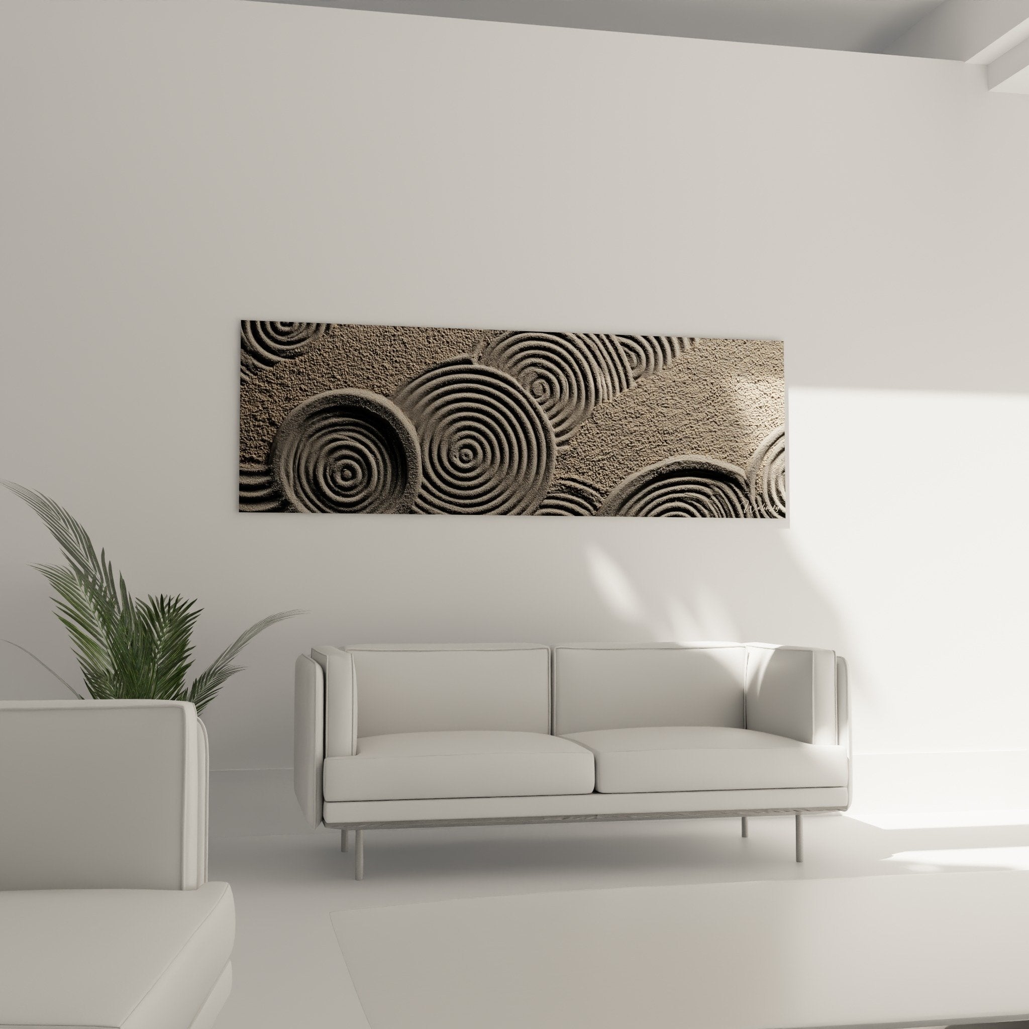 detail spirales concentriques relief texture beige gris motifs geometriques tableau sable