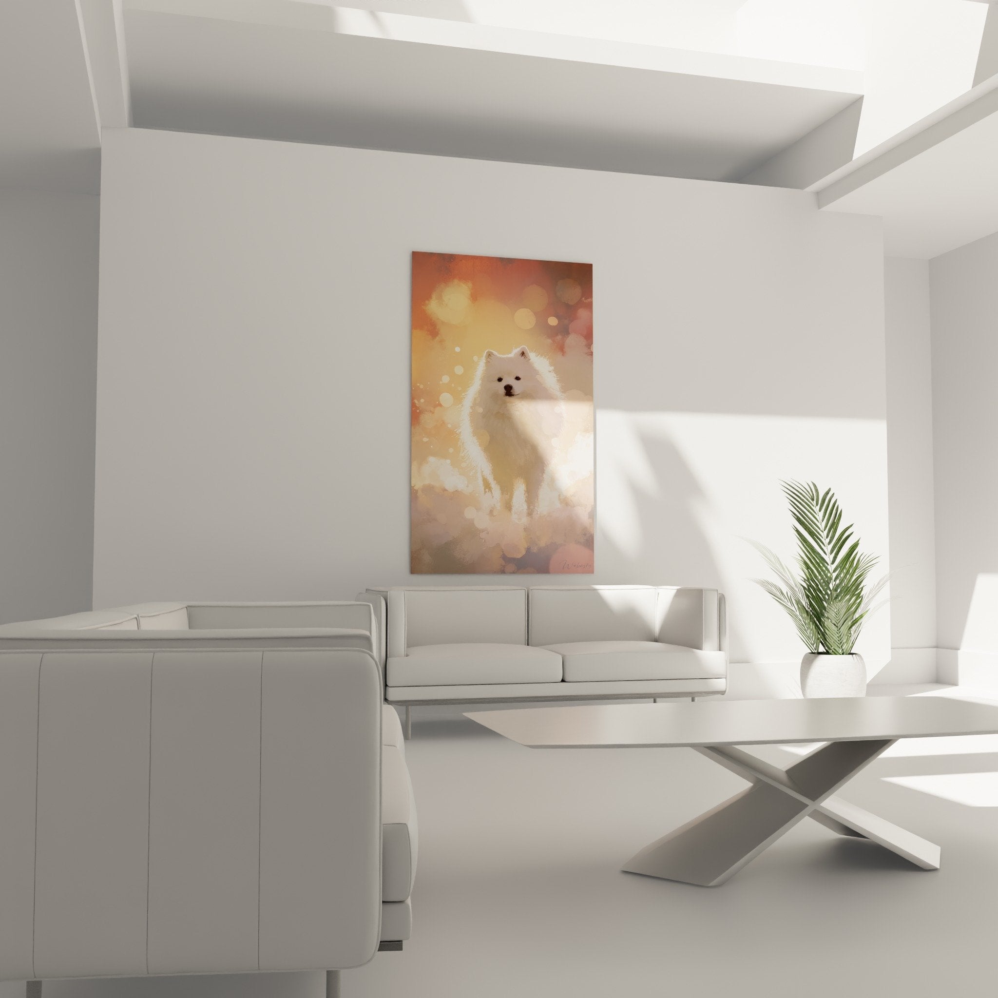 Détail tableau Spitz Japonais pelage blanc effets lumière bokeh cercles dorés artistique