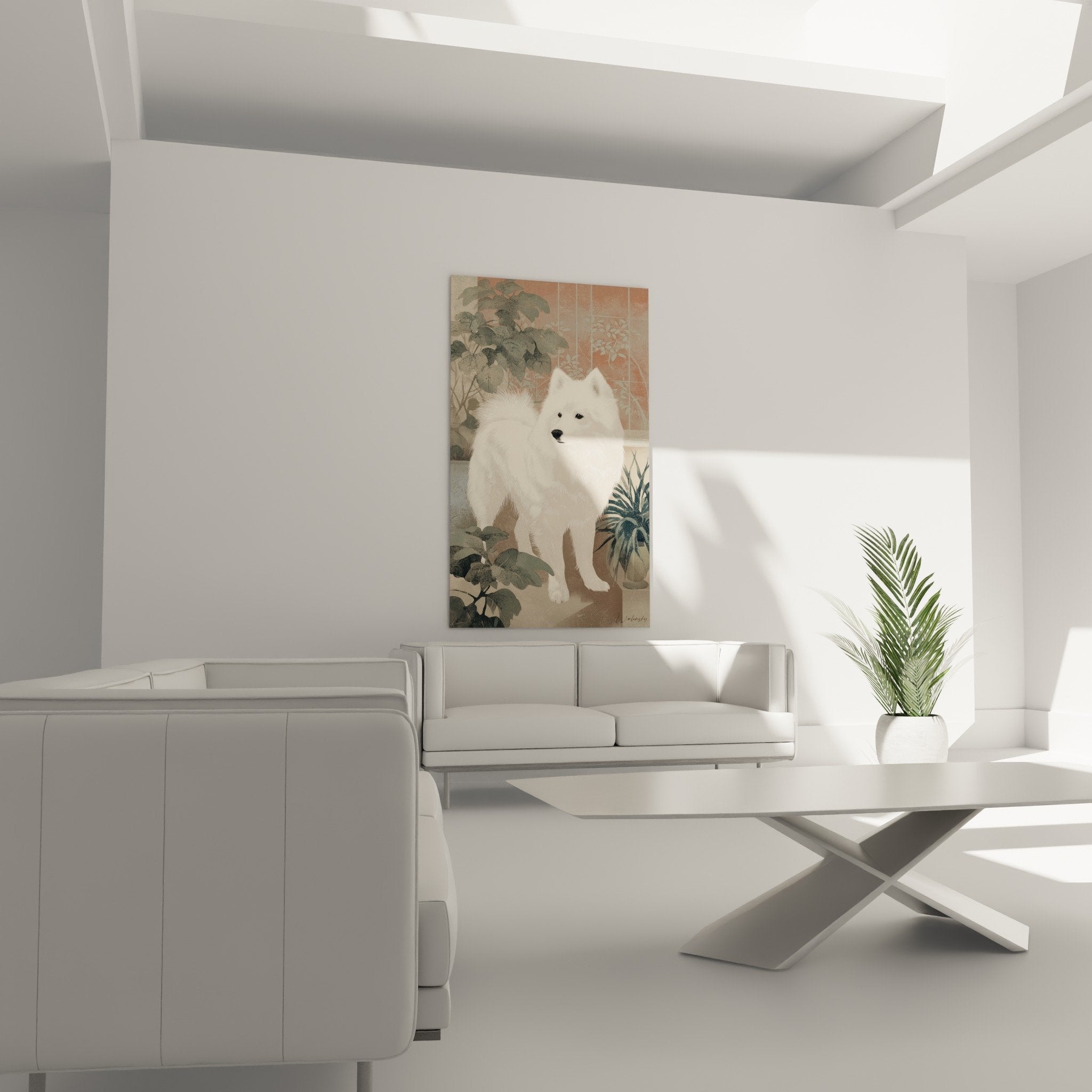 Détail Spitz Japonais pelage blanc soyeux regard noir jardin japonais artistique