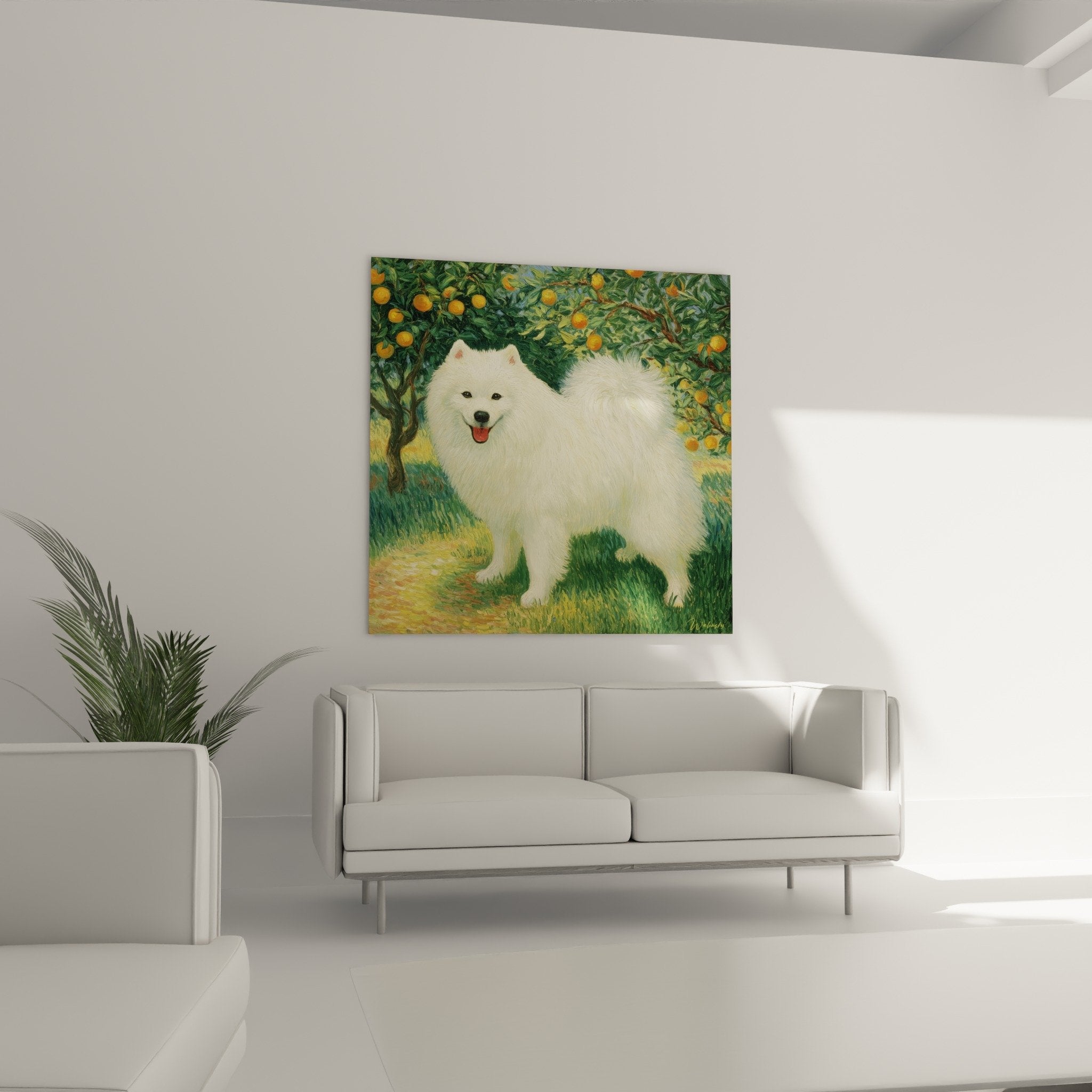 Detail tableau spitz japonais pelage blanc texture peinture impressionniste coups pinceau expressifs