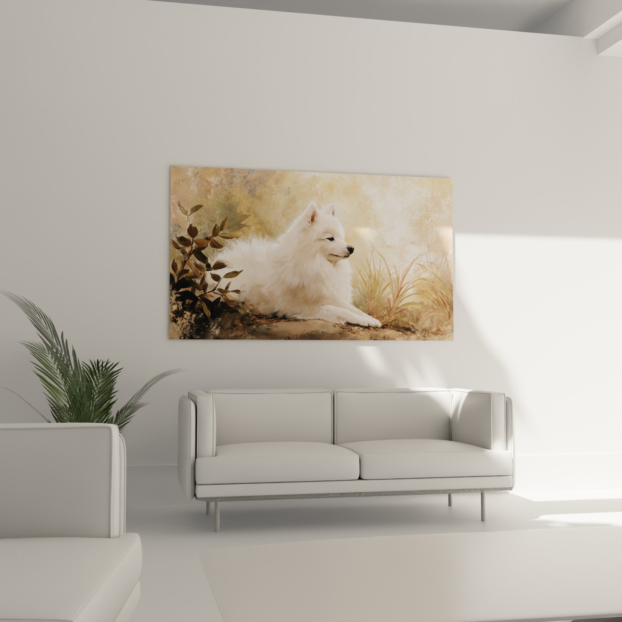 Détail tableau spitz japonais pelage blanc immaculé regard perçant texture picturale dorée lumière naturelle