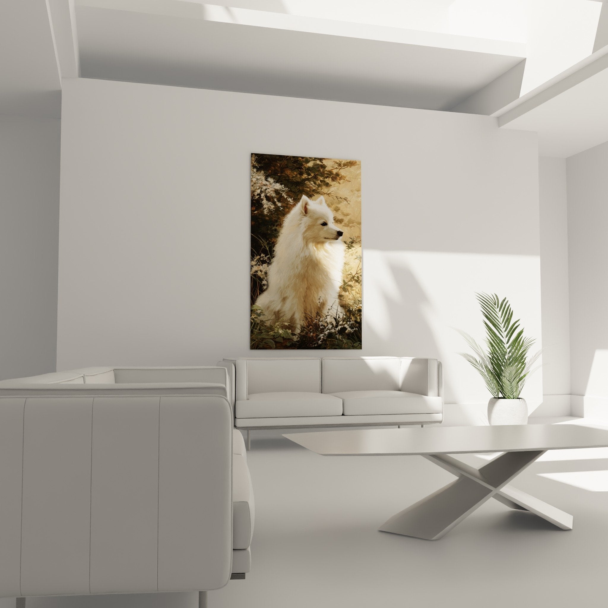 detail spitz japonais pelage blanc nacre contraste vegetation doree texture artistique tableau