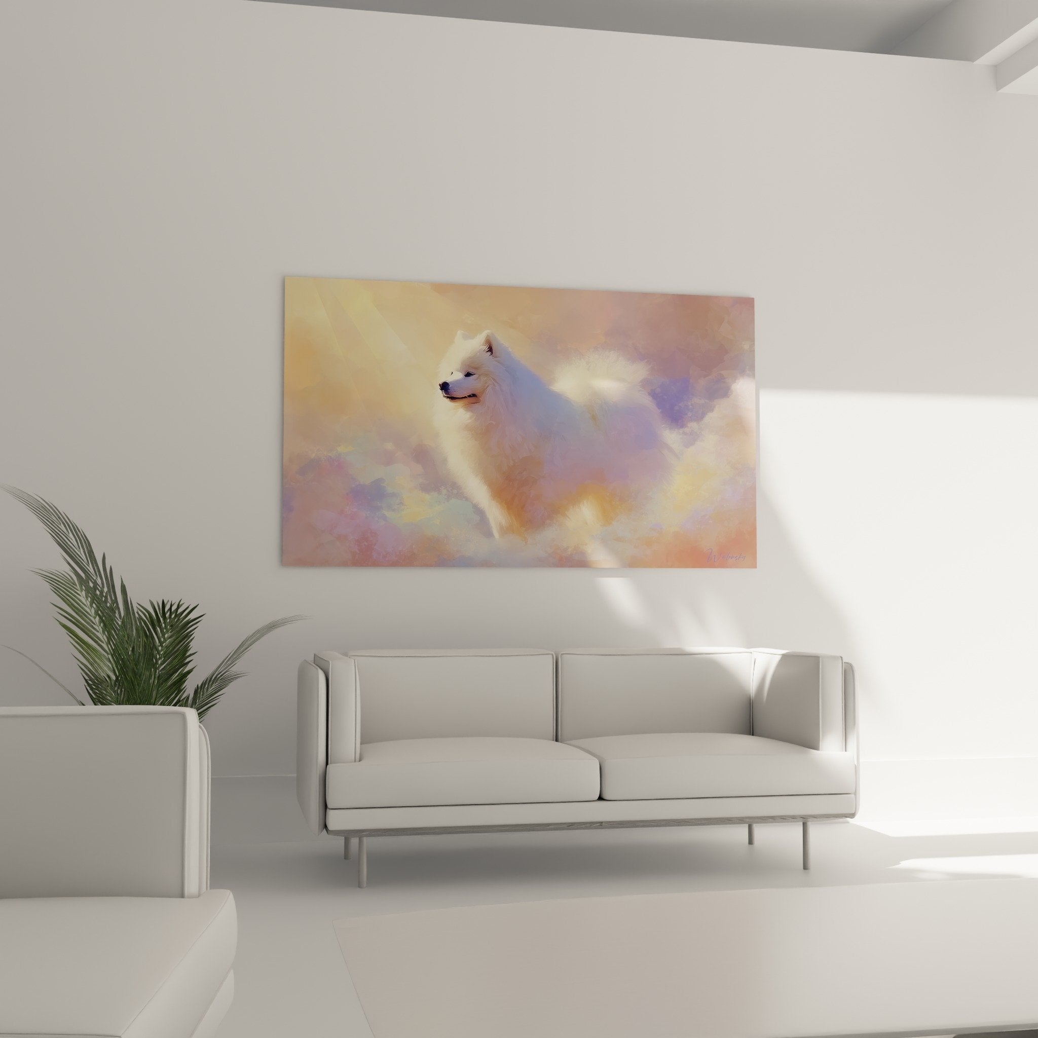 Dettaglio del mantello dello Spitz giapponese bianco con riflessi viola rosati, tecnica pittorica impressionista