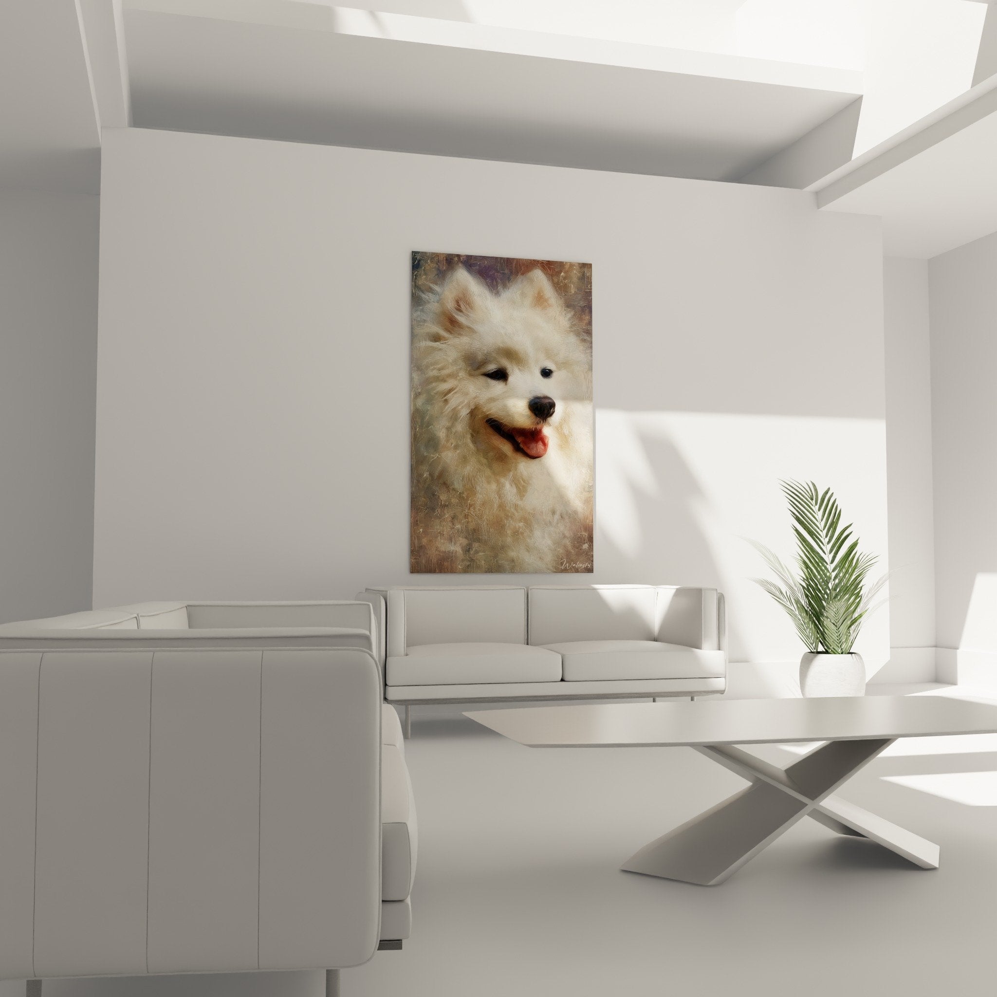 Dettaglio ritratto Spitz Giapponese mantello cremoso texturizzato pennellate espressive toni dorati